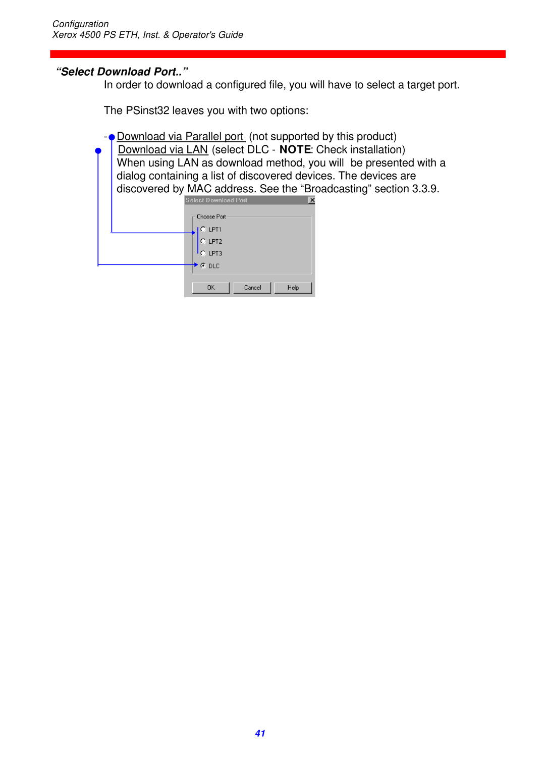 Xerox 4500 ps eth instruction manual Select Download Port 