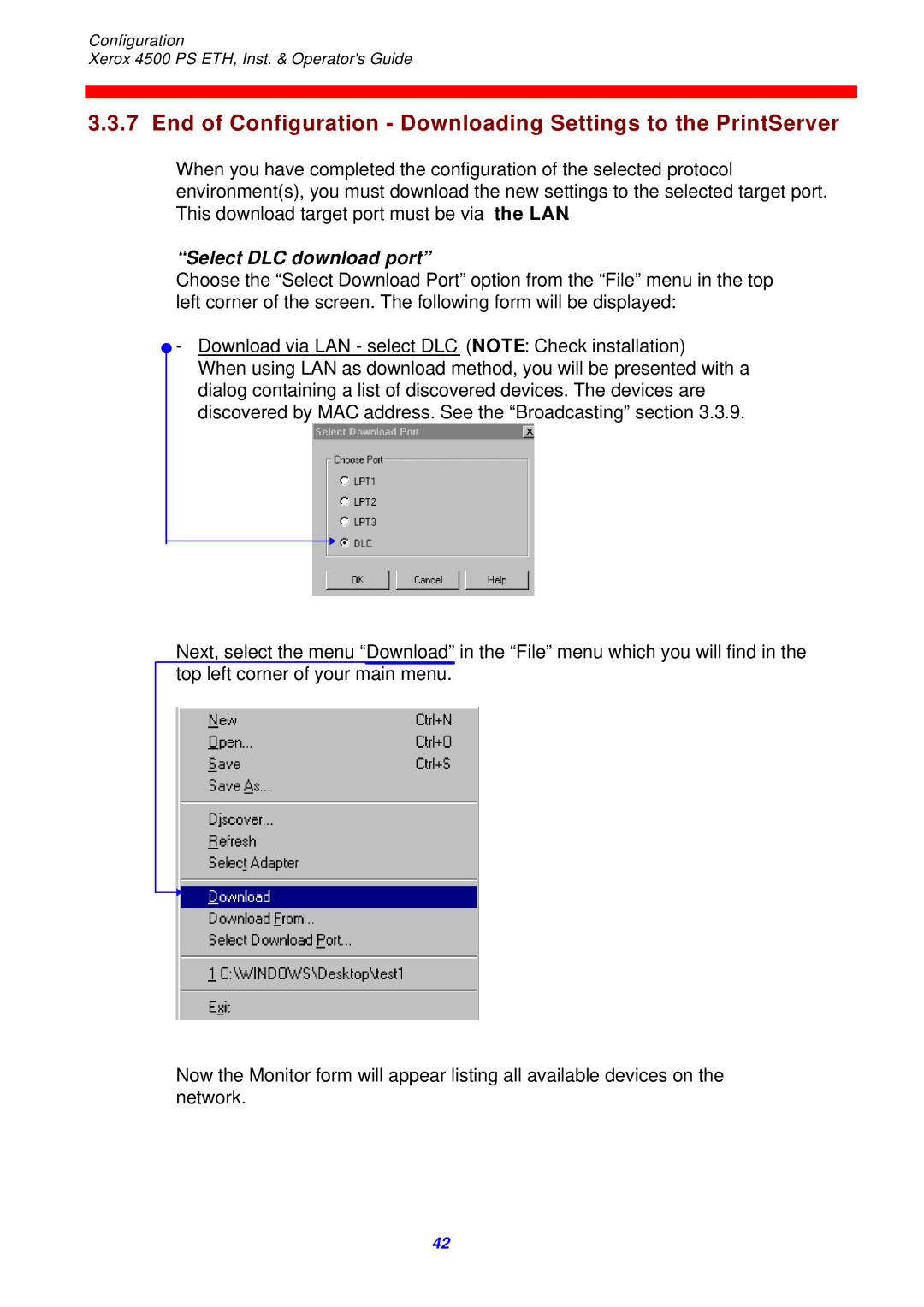 Xerox 4500 ps eth instruction manual End of Configuration Downloading Settings to the PrintServer, Select DLC download port 