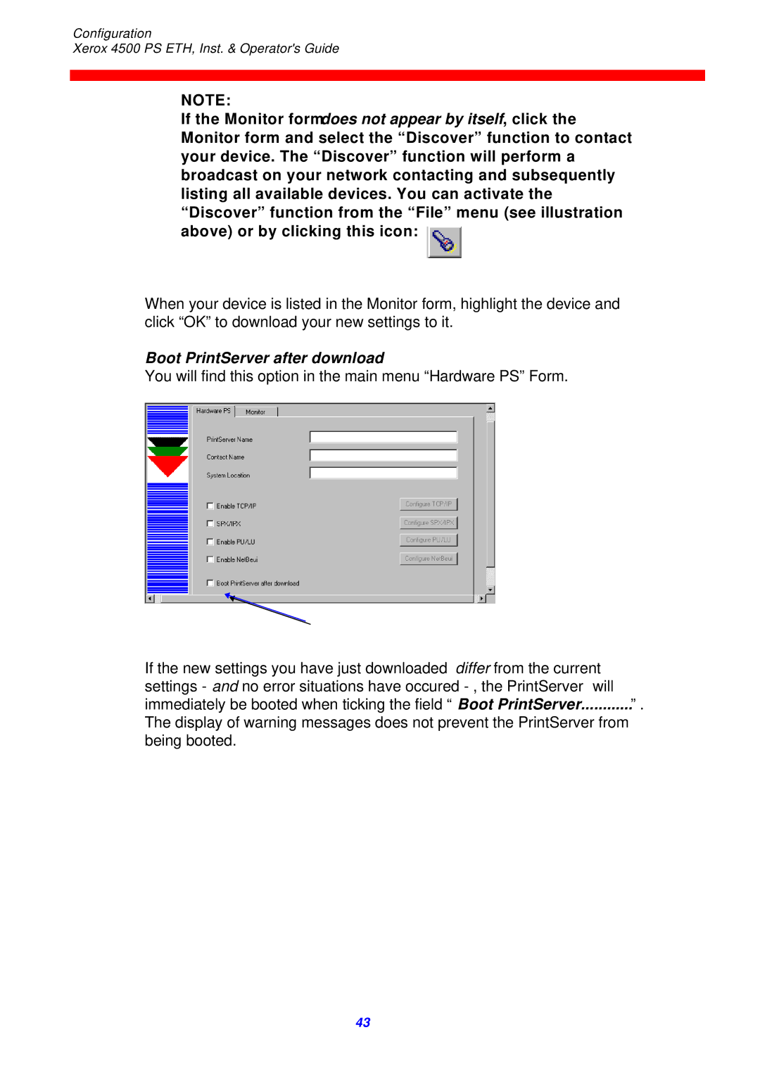 Xerox 4500 ps eth instruction manual Boot PrintServer after download 