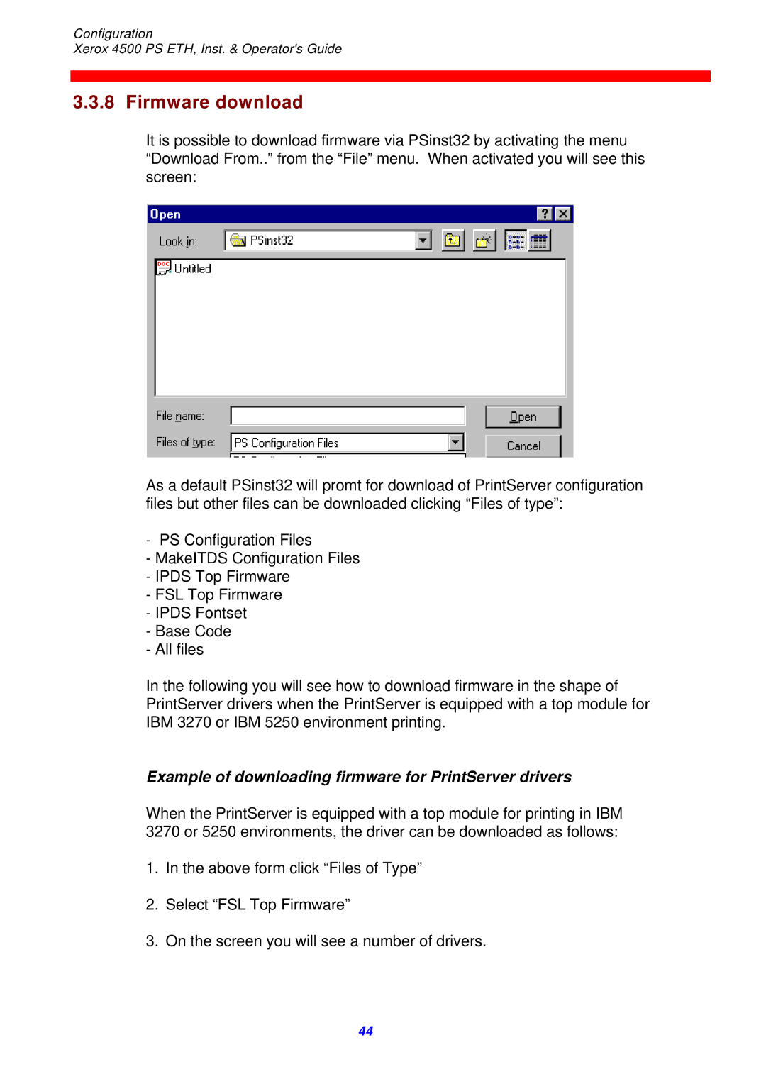 Xerox 4500 ps eth instruction manual Firmware download, Example of downloading firmware for PrintServer drivers 