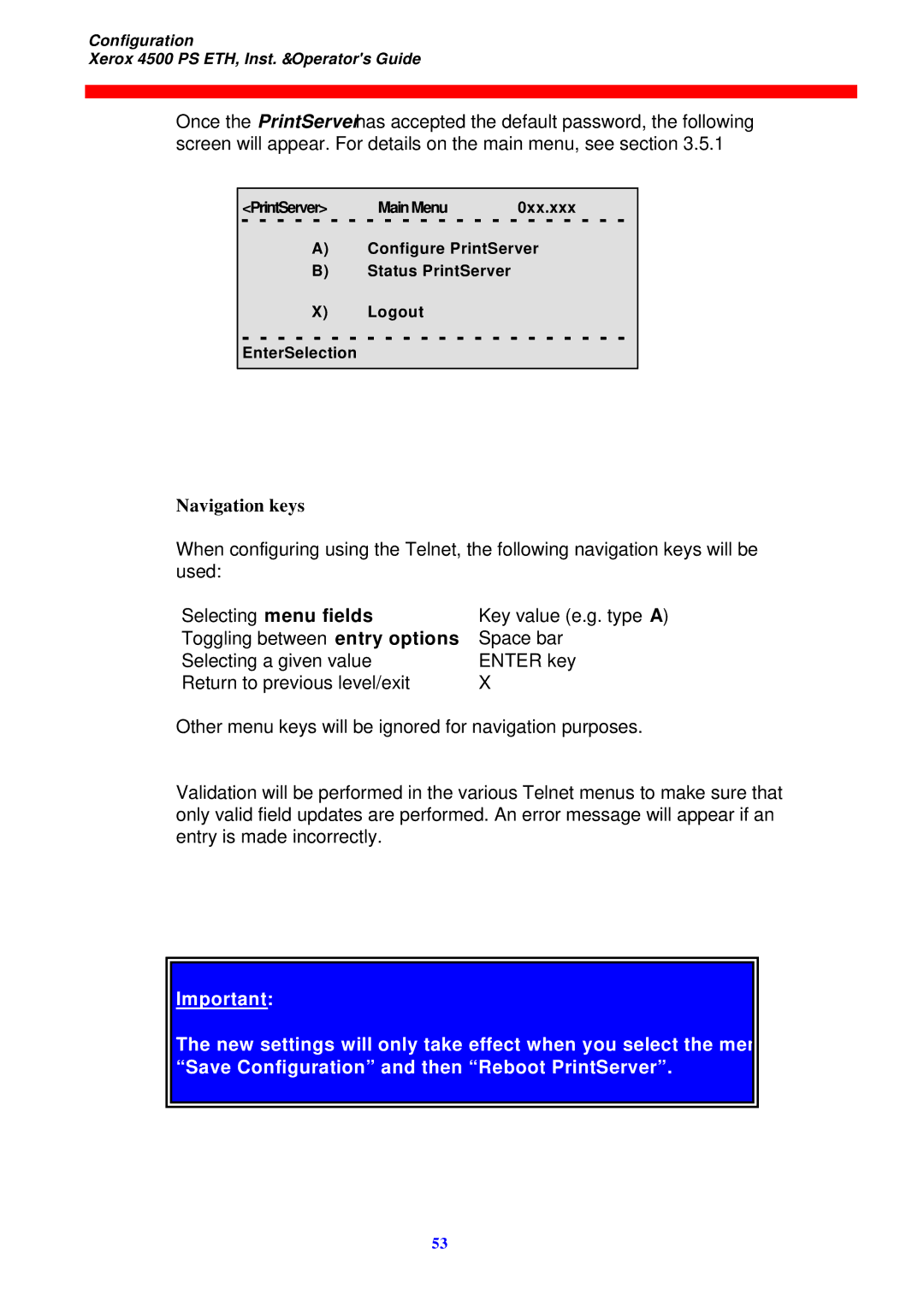 Xerox 4500 ps eth instruction manual Navigation keys, Selecting menu fields 