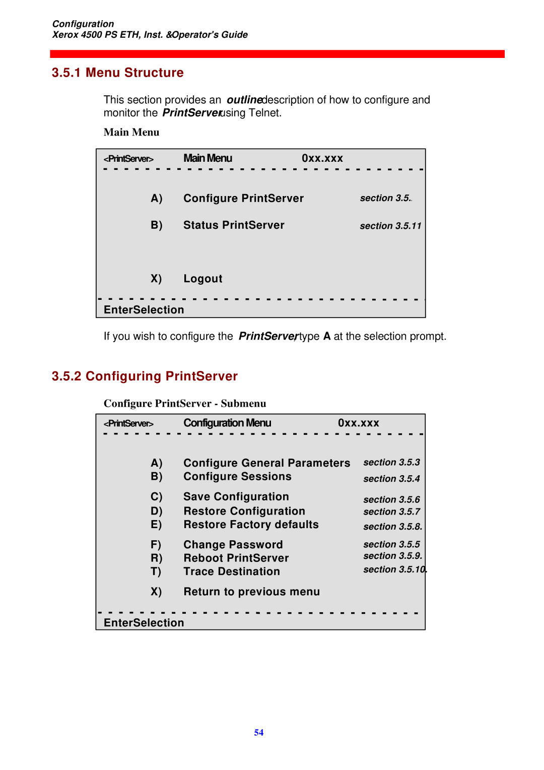 Xerox 4500 ps eth instruction manual Menu Structure, Configuring PrintServer, Main Menu, Configure PrintServer Submenu 