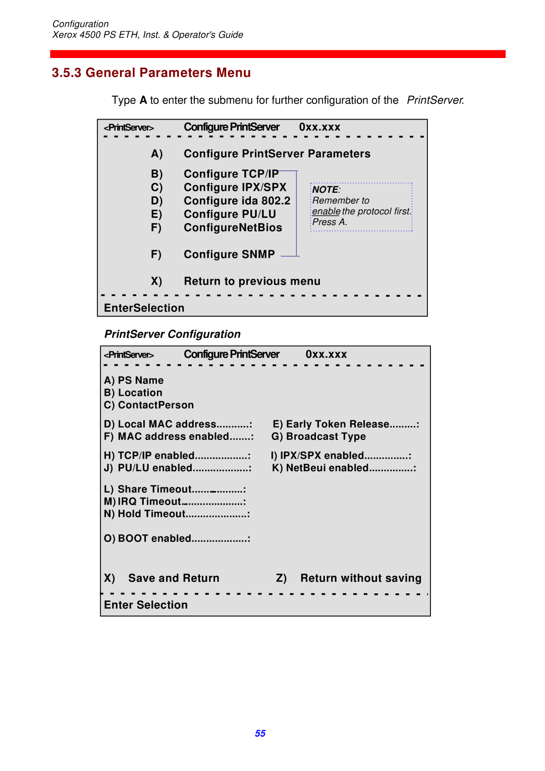 Xerox 4500 ps eth instruction manual General Parameters Menu, Configure Snmp Return to previous menu EnterSelection 