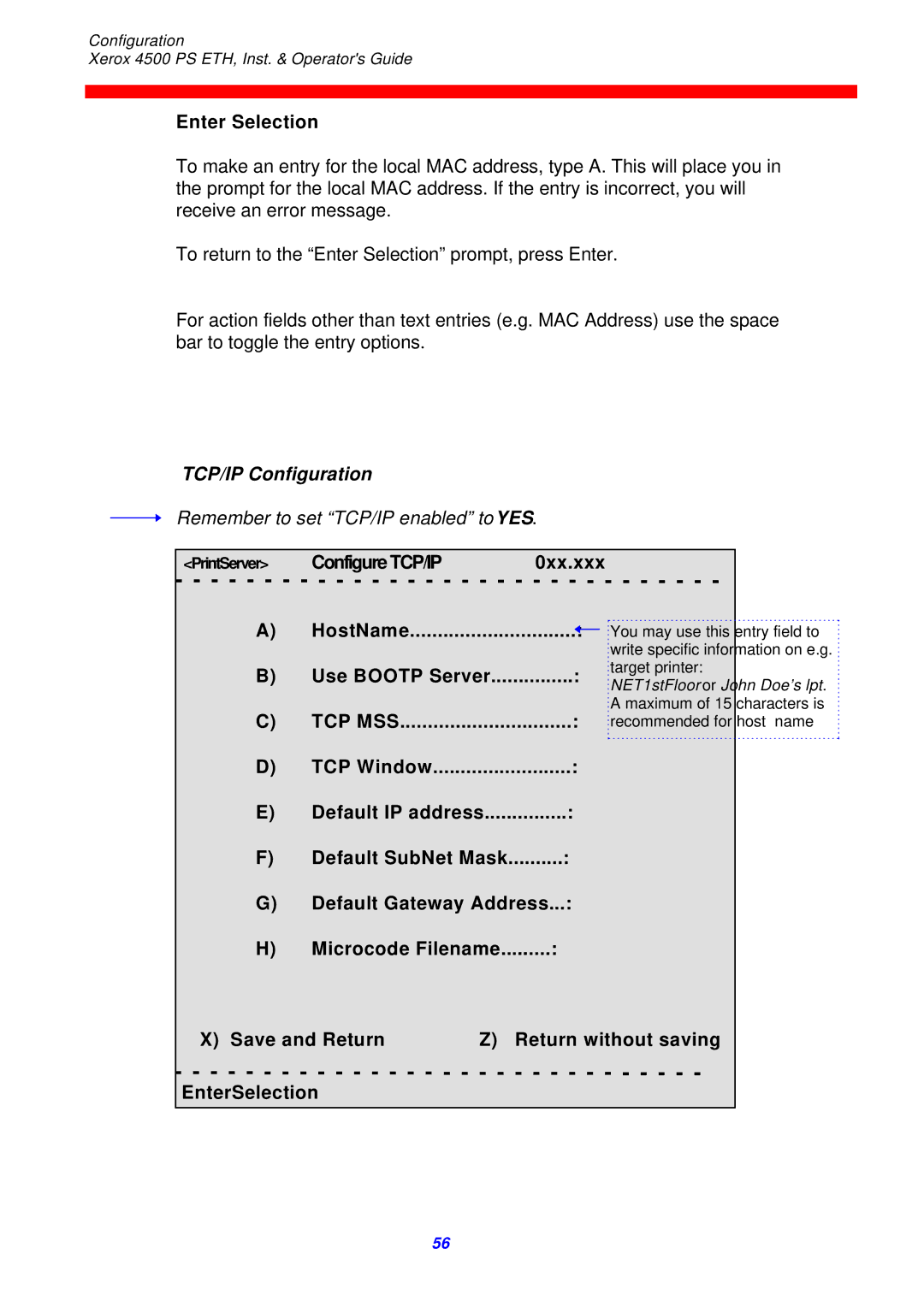 Xerox 4500 ps eth instruction manual TCP/IP Configuration, ConfigureTCP/IP 0xx.xxx HostName, Default Gateway Address 