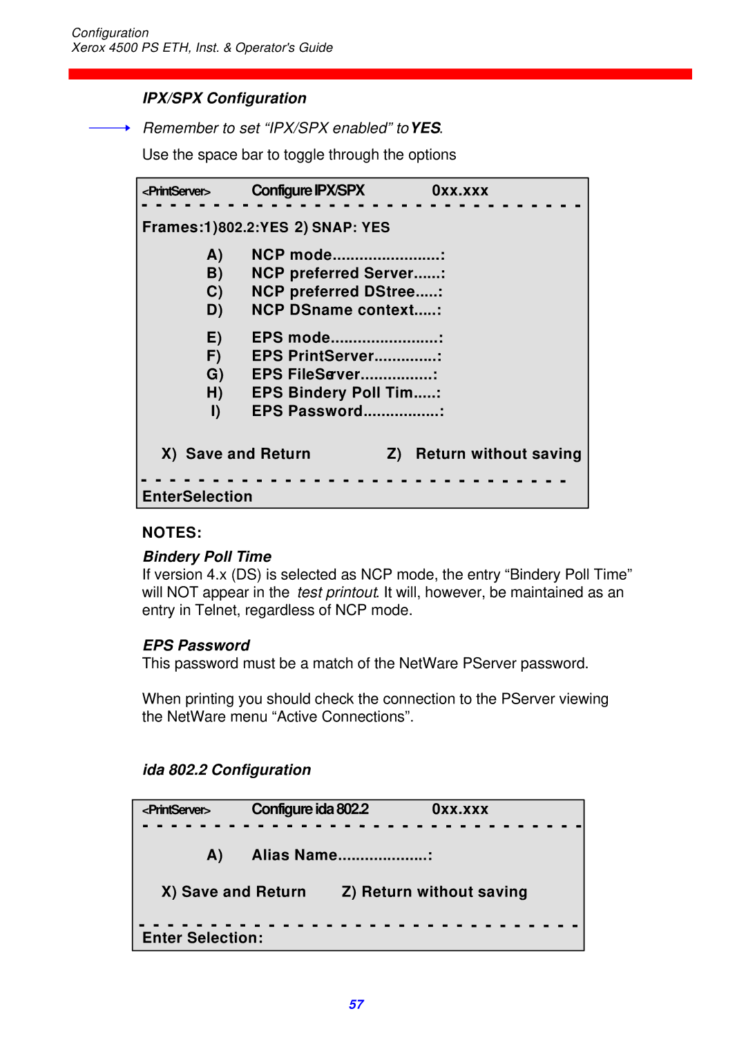 Xerox 4500 ps eth IPX/SPX Configuration, NCP preferred DStree, Bindery Poll Time, EPS Password, Ida 802.2 Configuration 