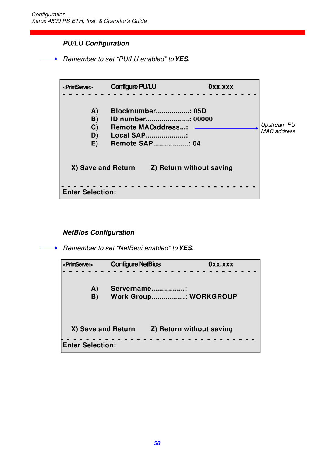 Xerox 4500 ps eth instruction manual PU/LU Configuration, ConfigurePU/LU 0xx.xxx, 05D, NetBios Configuration, Workgroup 