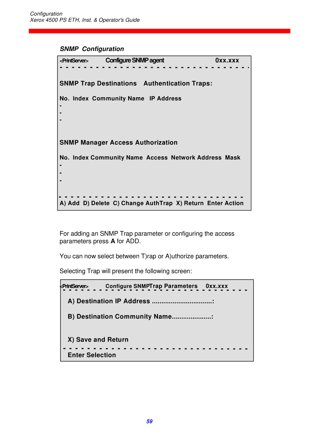 Xerox 4500 ps eth instruction manual Snmp Configuration, Snmp Manager Access Authorization 