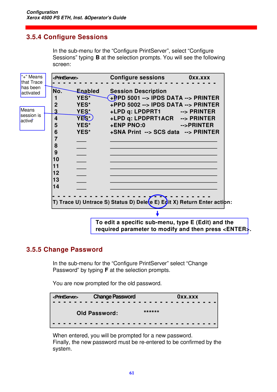 Xerox 4500 ps eth instruction manual Configure Sessions, Change Password, Yes, YES +ENP PNO0 Printer 