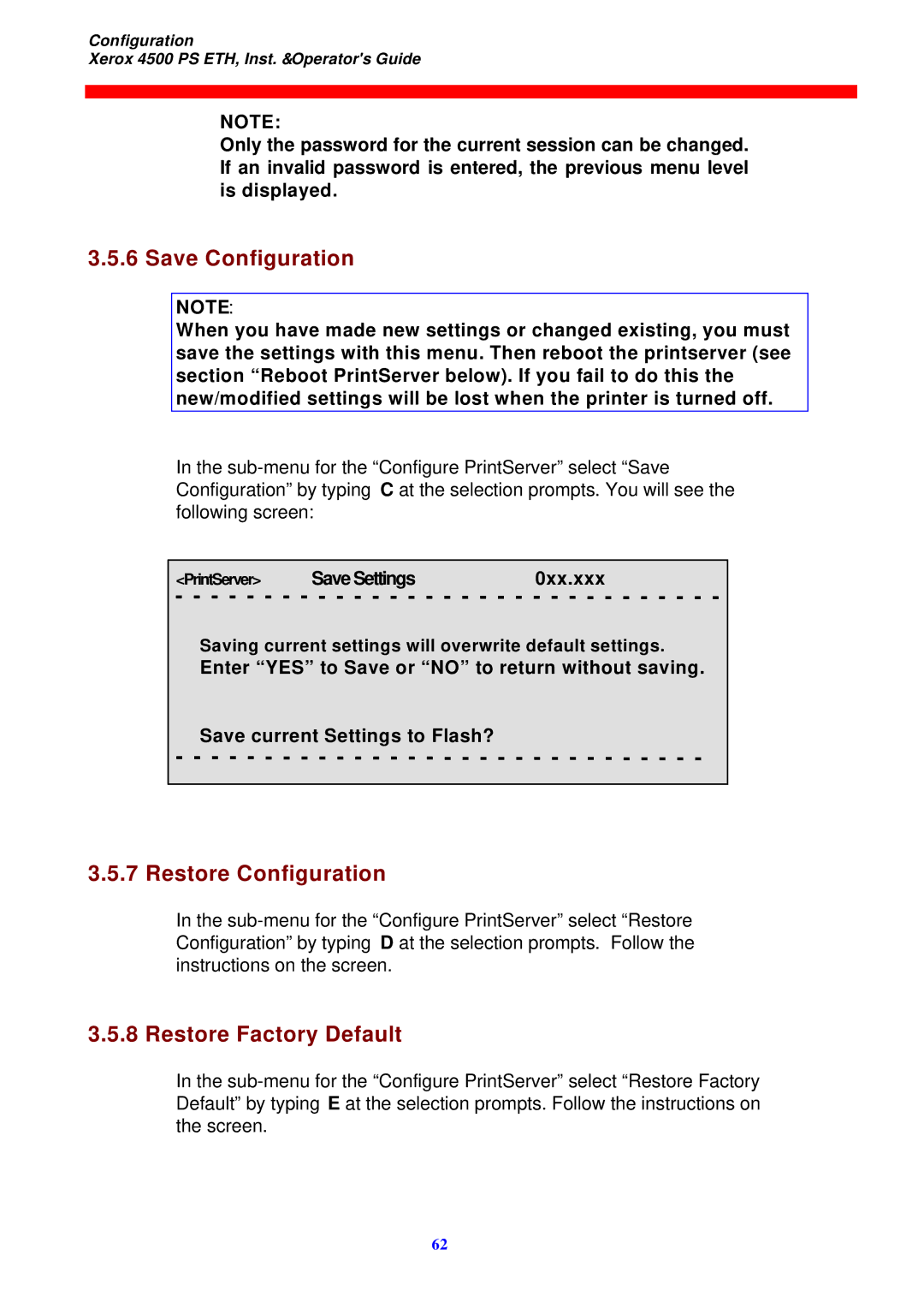 Xerox 4500 ps eth instruction manual Save Configuration, Restore Configuration, Restore Factory Default 