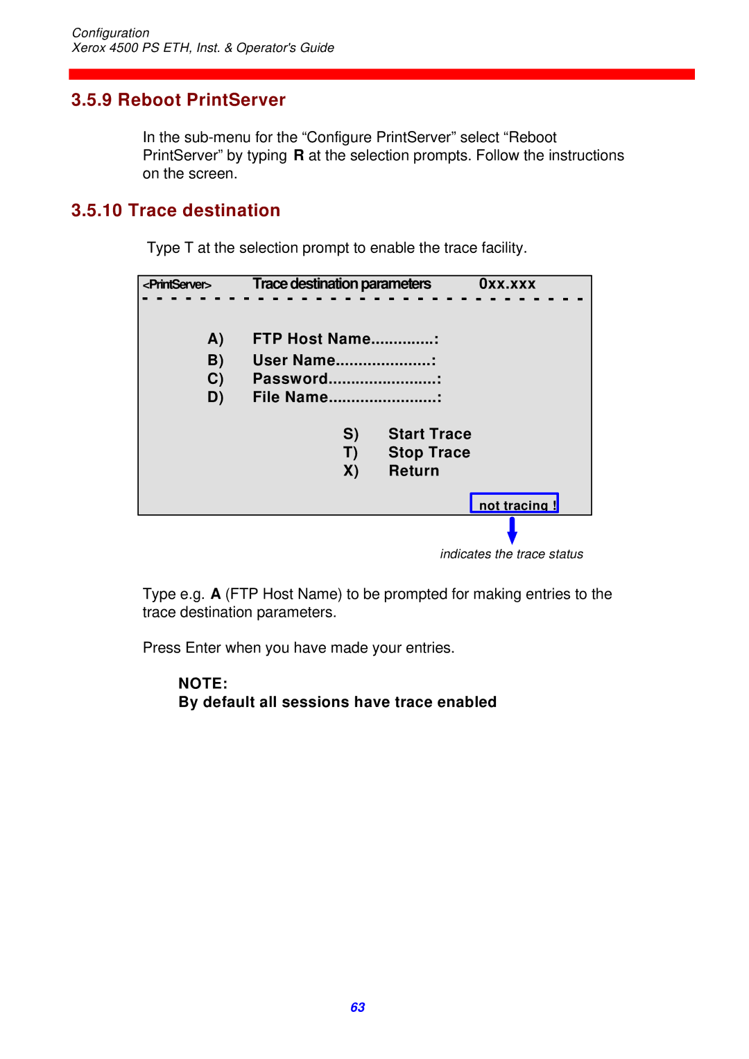 Xerox 4500 ps eth instruction manual Reboot PrintServer, Trace destination 