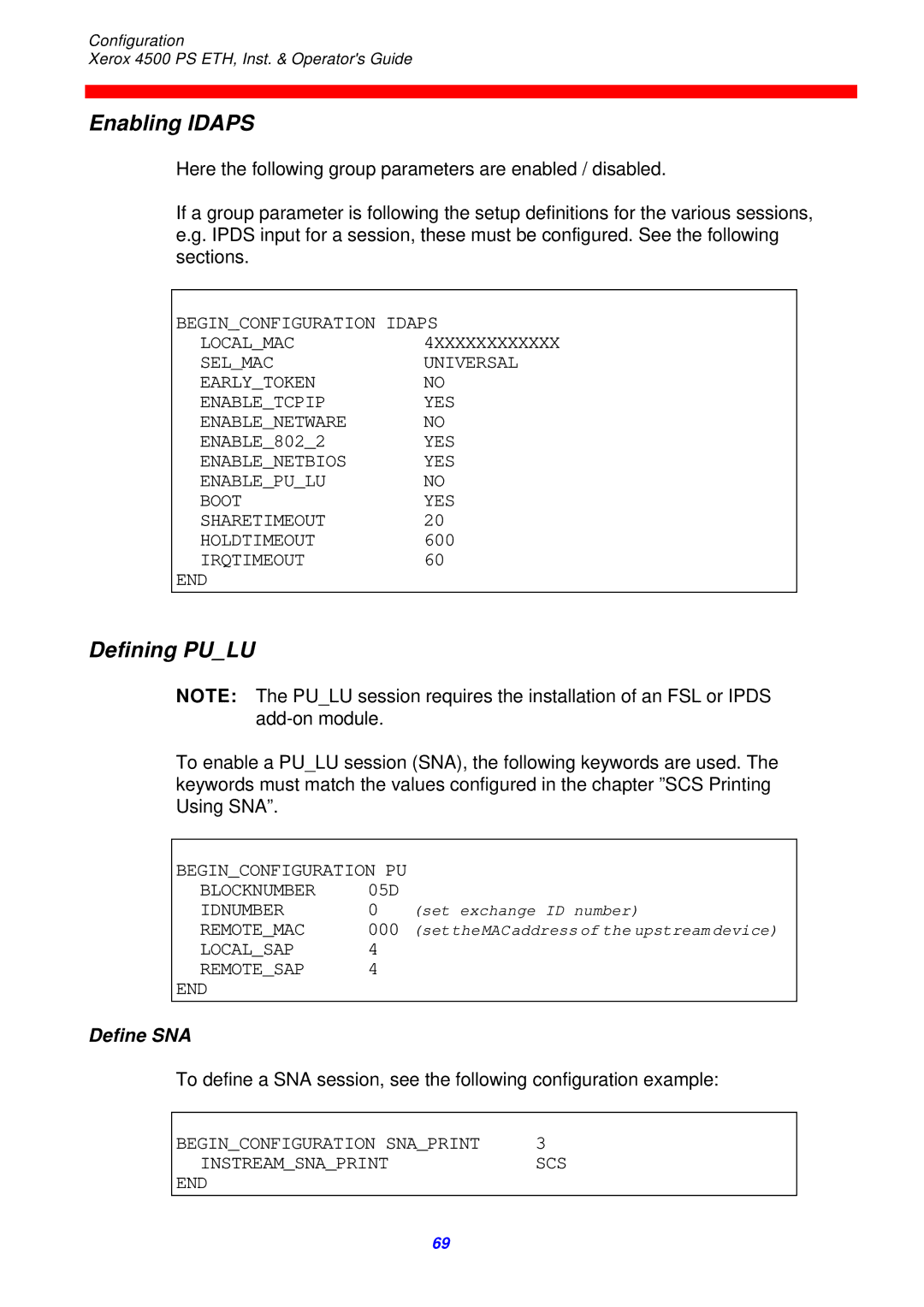 Xerox 4500 ps eth instruction manual Enabling Idaps, Define SNA 