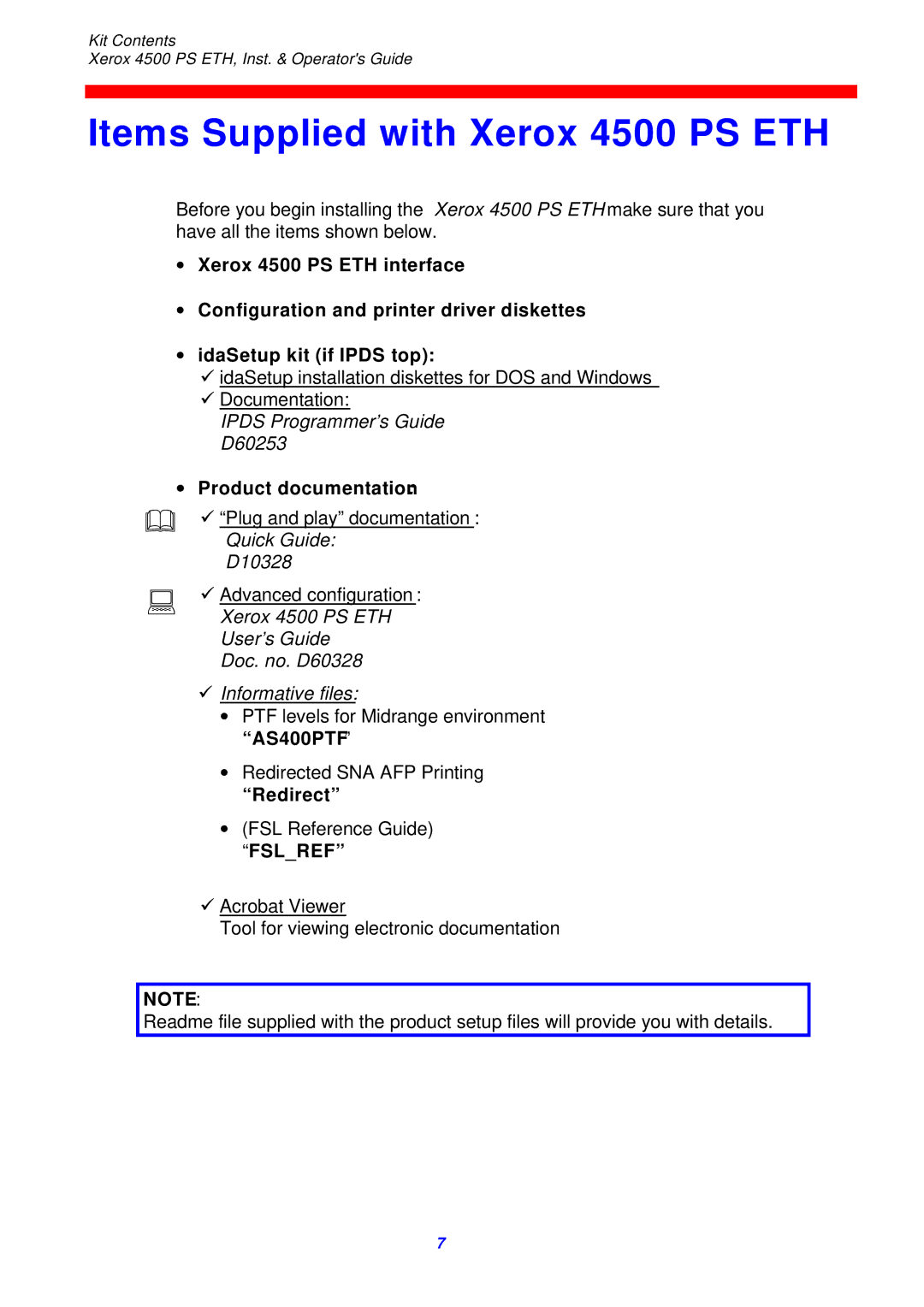 Xerox 4500 ps eth instruction manual Items Supplied with Xerox 4500 PS ETH, ∙ Product documentation, Redirect 