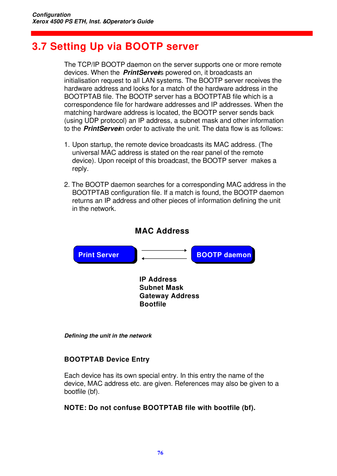 Xerox 4500 ps eth Setting Up via Bootp server, IP Address Subnet Mask Gateway Address Bootfile, Bootptab Device Entry 