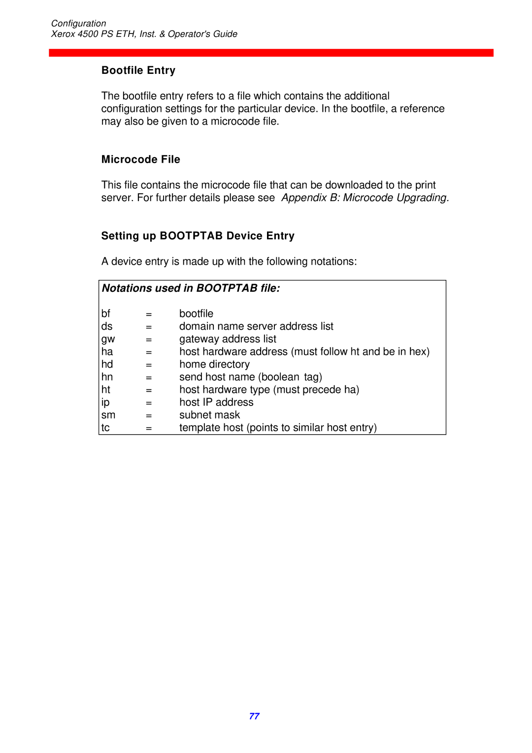 Xerox 4500 ps eth Bootfile Entry, Microcode File, Setting up Bootptab Device Entry, Notations used in Bootptab file 