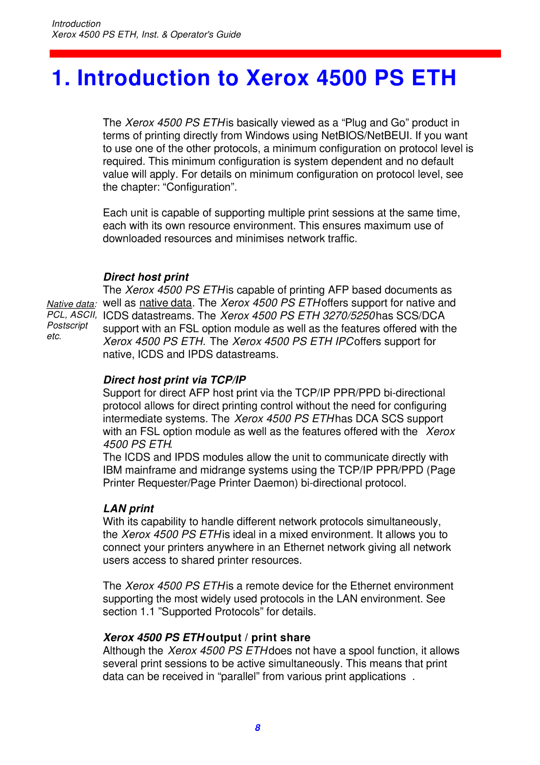 Xerox 4500 ps eth instruction manual Introduction to Xerox 4500 PS ETH, Direct host print via TCP/IP, LAN print 