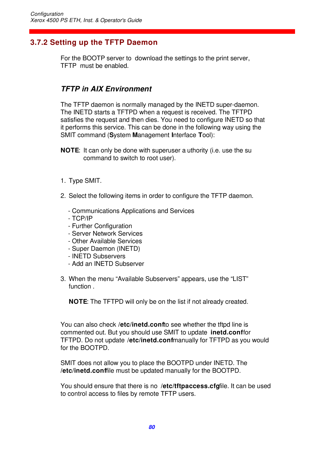 Xerox 4500 ps eth instruction manual Setting up the Tftp Daemon, Tftp in AIX Environment 