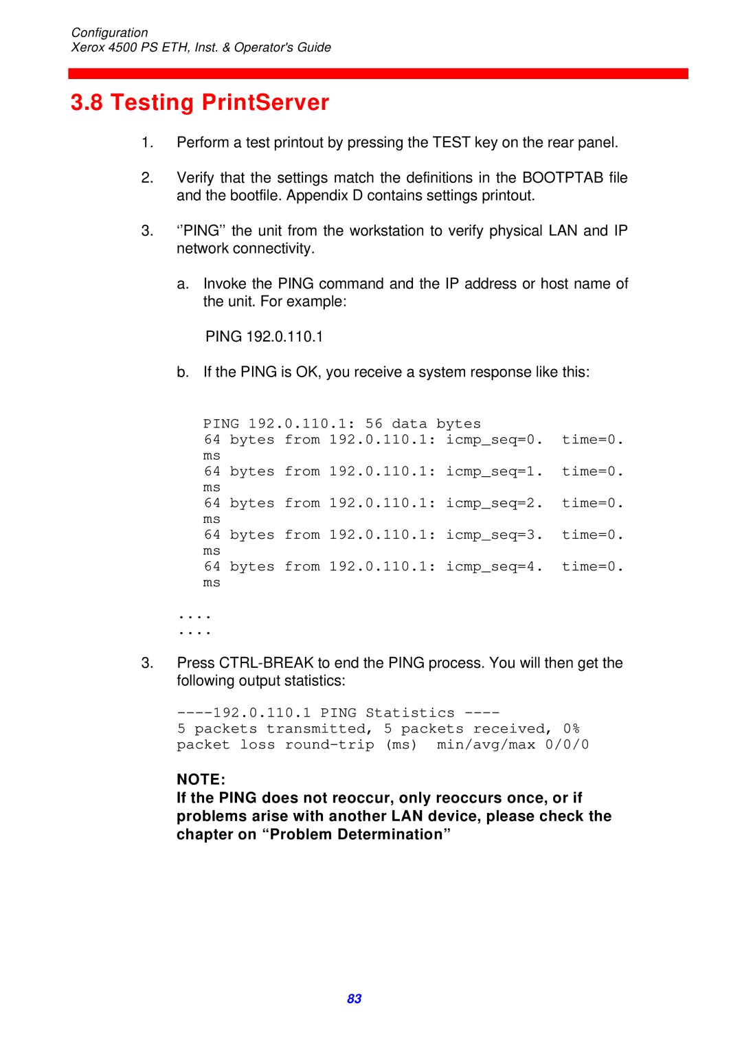 Xerox 4500 ps eth instruction manual Testing PrintServer 