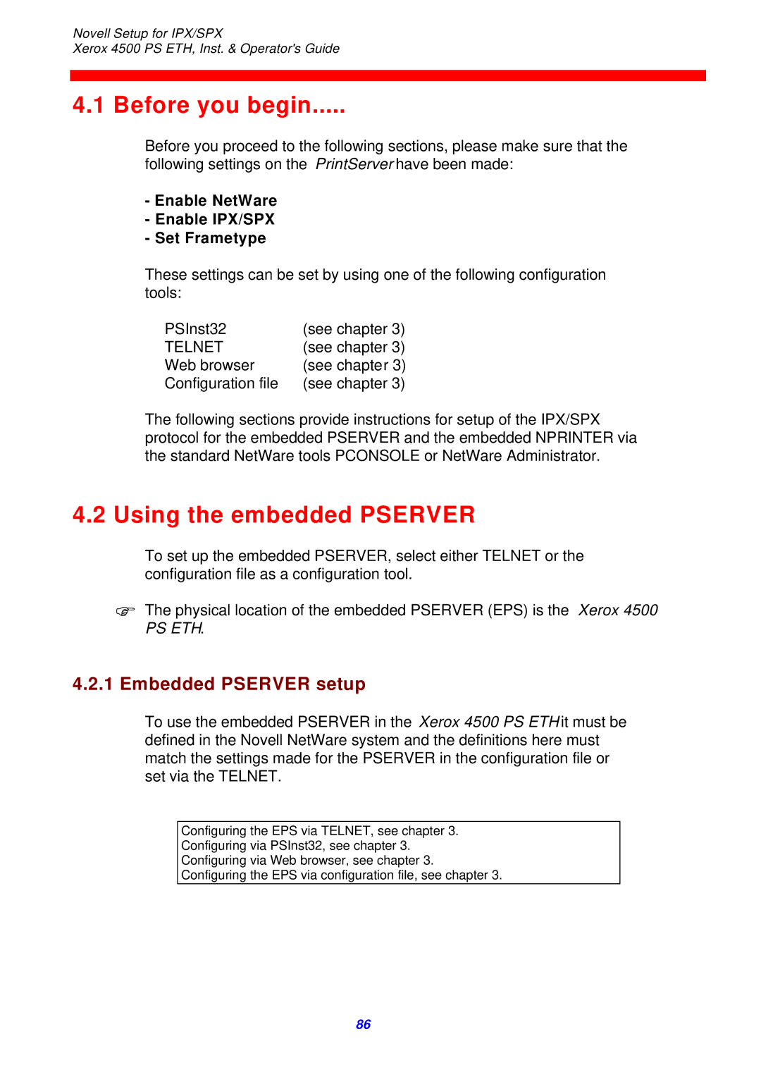 Xerox 4500 ps eth instruction manual Before you begin, Using the embedded Pserver, Embedded Pserver setup 