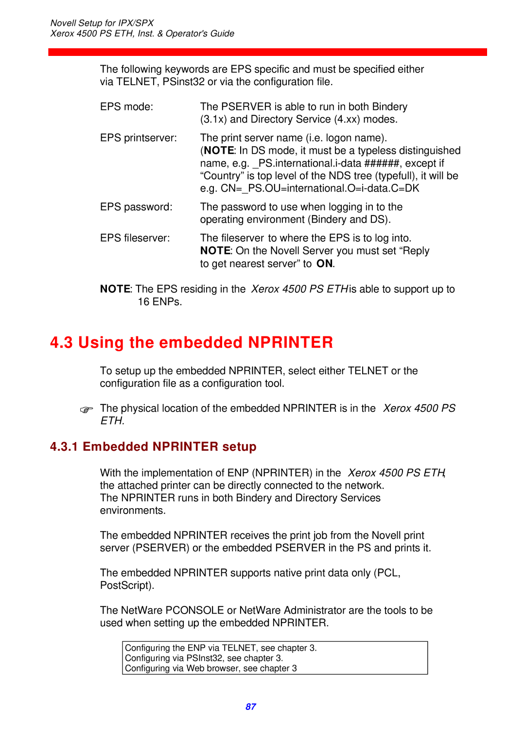 Xerox 4500 ps eth instruction manual Using the embedded Nprinter, Embedded Nprinter setup 