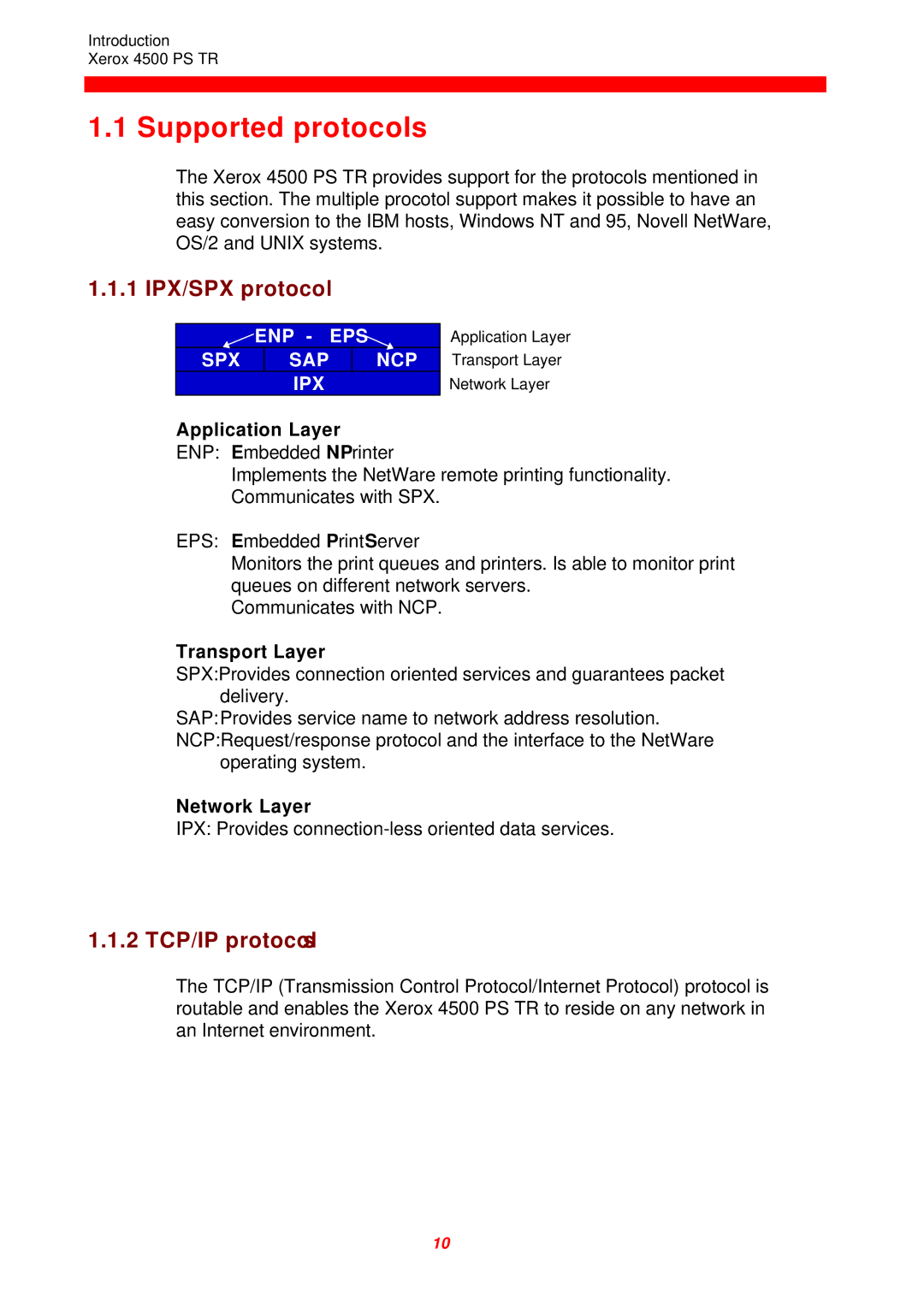 Xerox 4500 PS TR instruction manual Supported protocols, 1 IPX/SPX protocol, 2 TCP/IP protocols 