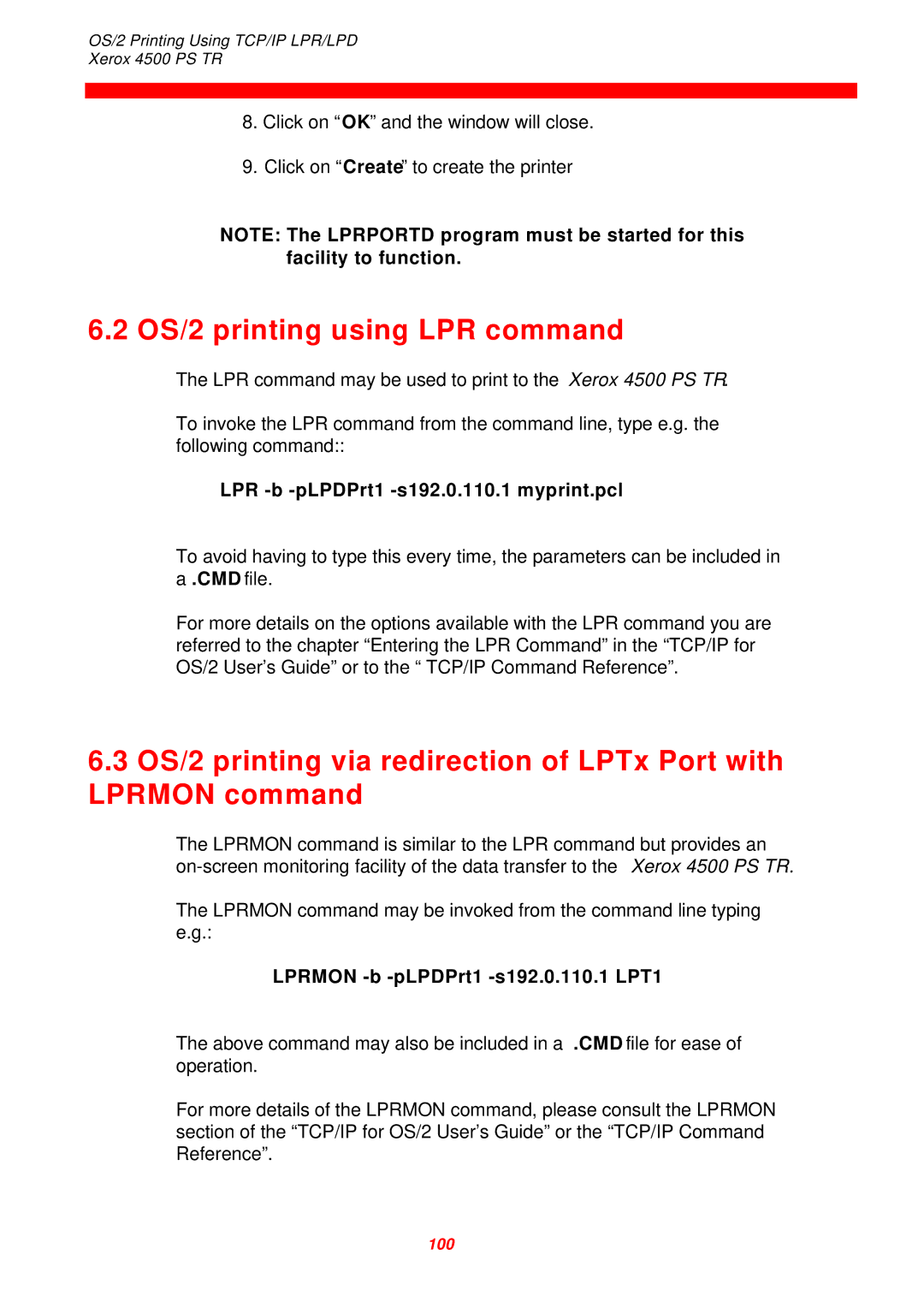 Xerox 4500 PS TR instruction manual OS/2 printing using LPR command, LPR -b -pLPDPrt1 -s192.0.110.1 myprint.pcl 