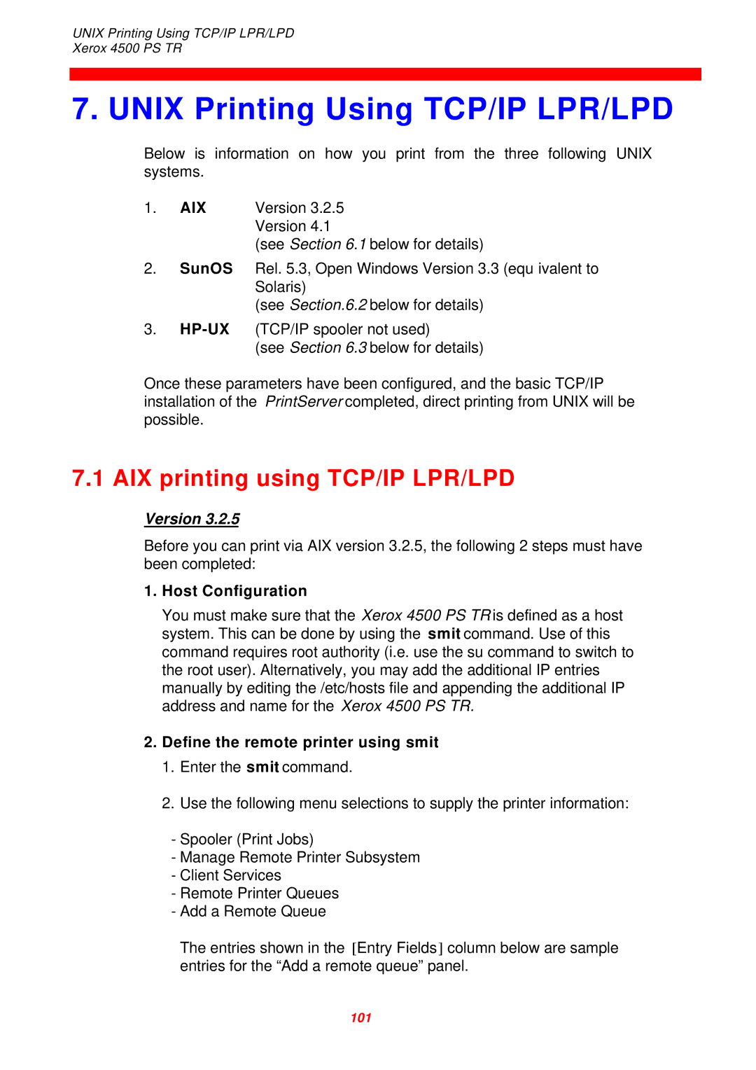 Xerox 4500 PS TR Unix Printing Using TCP/IP LPR/LPD, AIX printing using TCP/IP LPR/LPD, Version, Host Configuration 