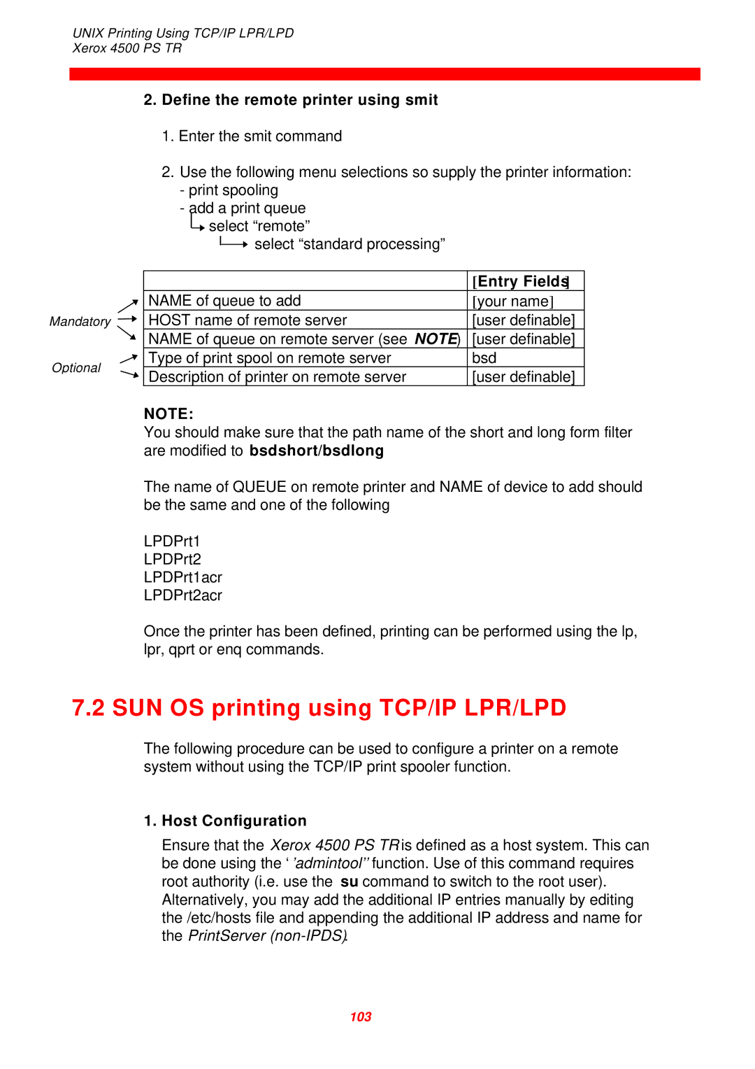 Xerox 4500 PS TR instruction manual SUN OS printing using TCP/IP LPR/LPD 