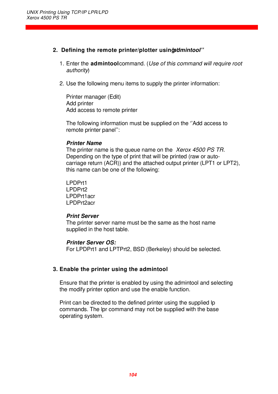 Xerox 4500 PS TR Defining the remote printer/plotter using’admintool’’‘, Printer Name, Print Server, Printer Server OS 