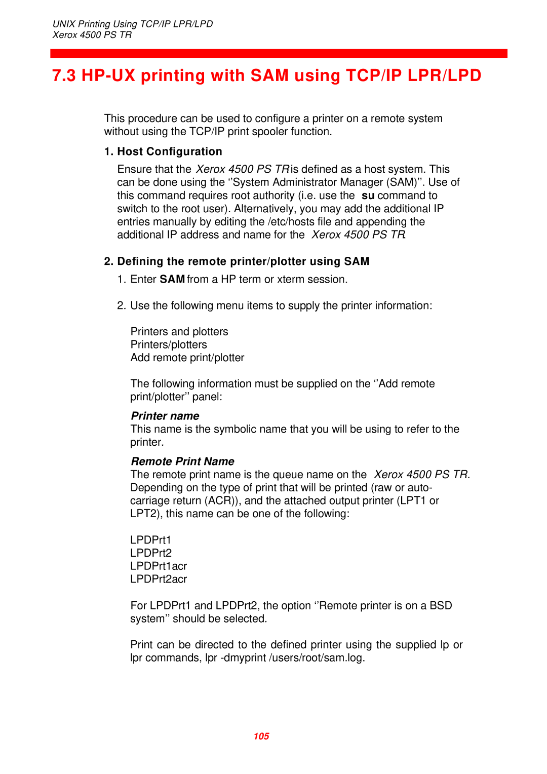 Xerox 4500 PS TR HP-UX printing with SAM using TCP/IP LPR/LPD, Defining the remote printer/plotter using SAM 