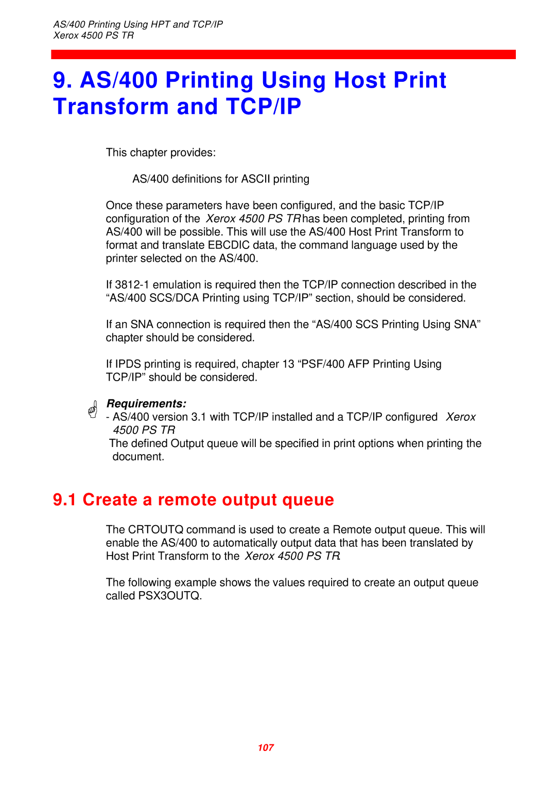 Xerox 4500 PS TR AS/400 Printing Using Host Print Transform and TCP/IP, Create a remote output queue, Requirements 