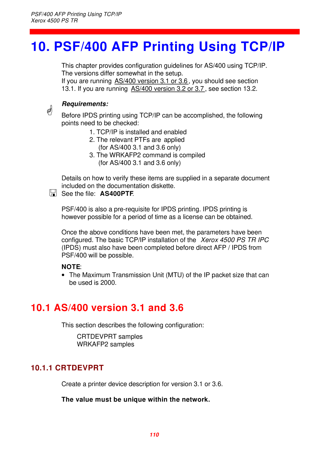 Xerox 4500 PS TR PSF/400 AFP Printing Using TCP/IP, 10.1 AS/400 version 3.1, Value must be unique within the network 