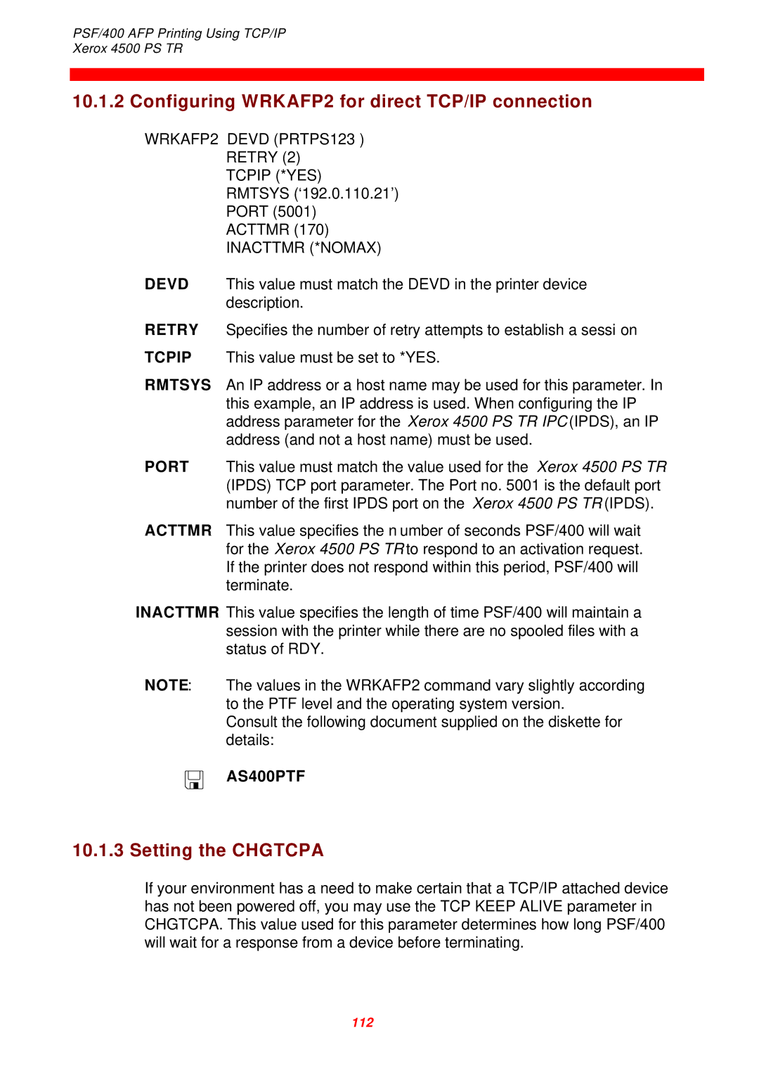 Xerox 4500 PS TR instruction manual Configuring WRKAFP2 for direct TCP/IP connection, Setting the Chgtcpa, AS400PTF 