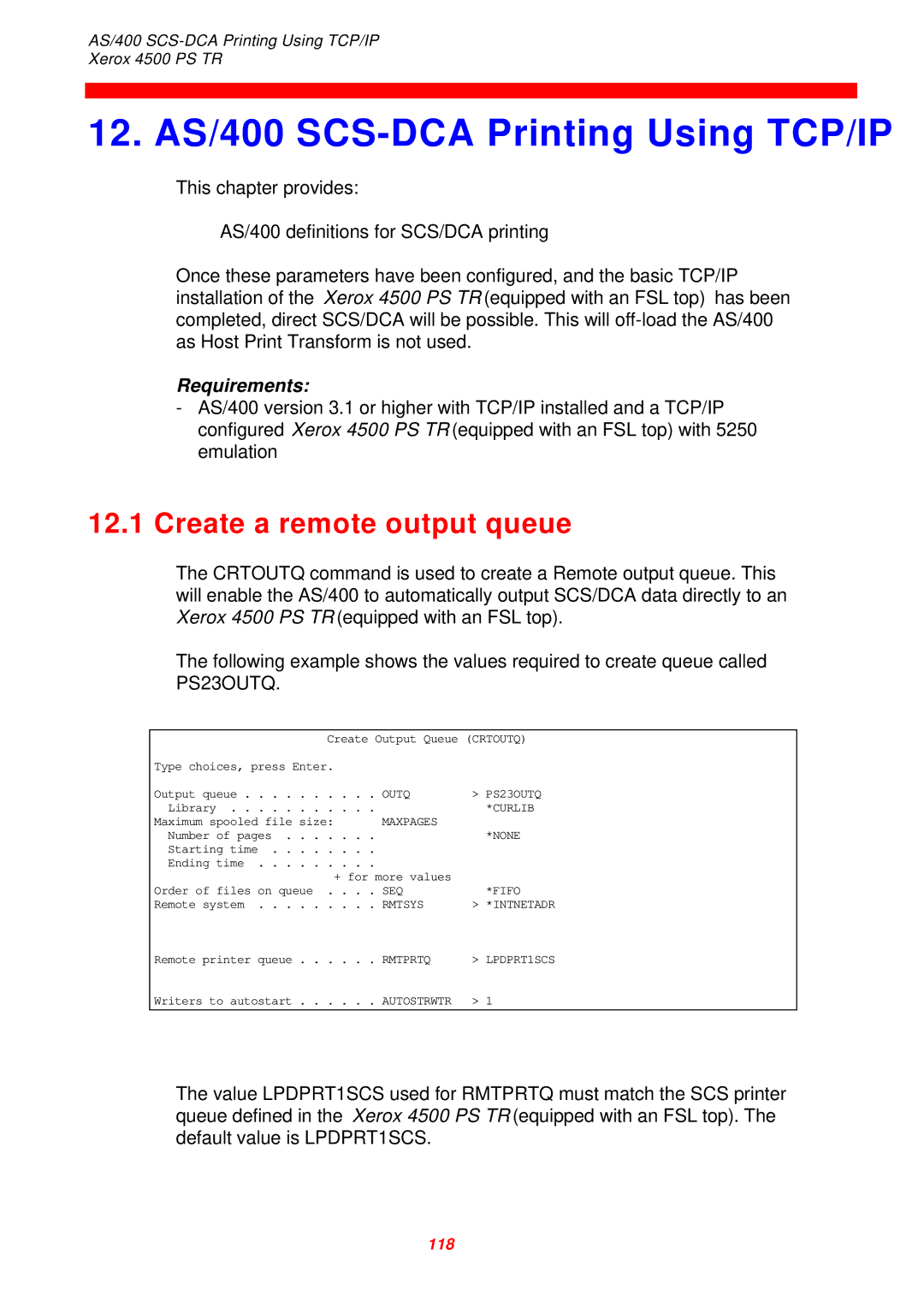 Xerox 4500 PS TR instruction manual 12. AS/400 SCS-DCA Printing Using TCP/IP, PS23OUTQ 