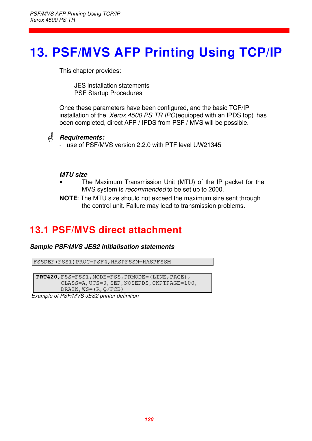 Xerox 4500 PS TR instruction manual PSF/MVS AFP Printing Using TCP/IP, 13.1 PSF/MVS direct attachment, MTU size 