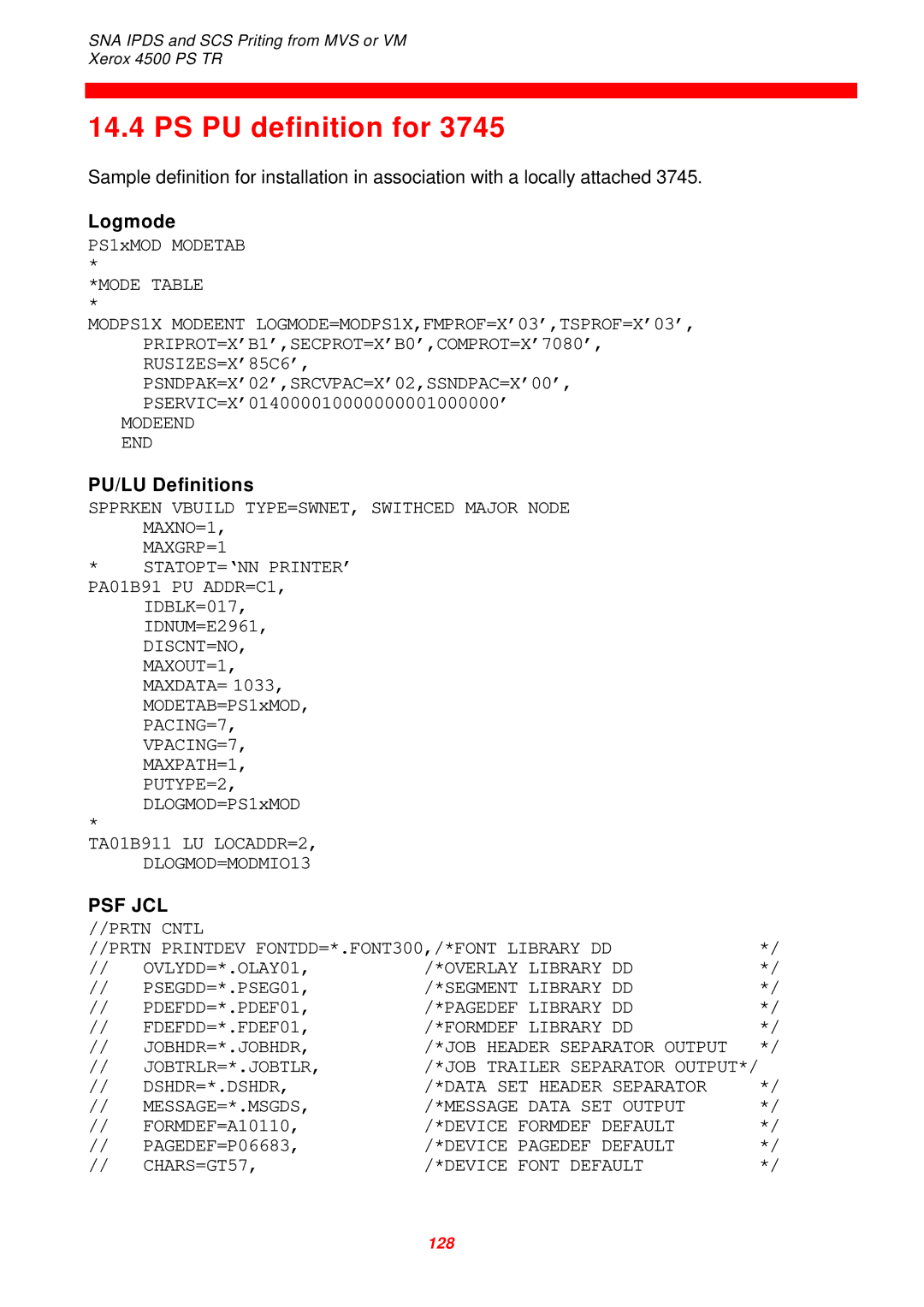 Xerox 4500 PS TR instruction manual PU/LU Definitions, Psf Jcl 