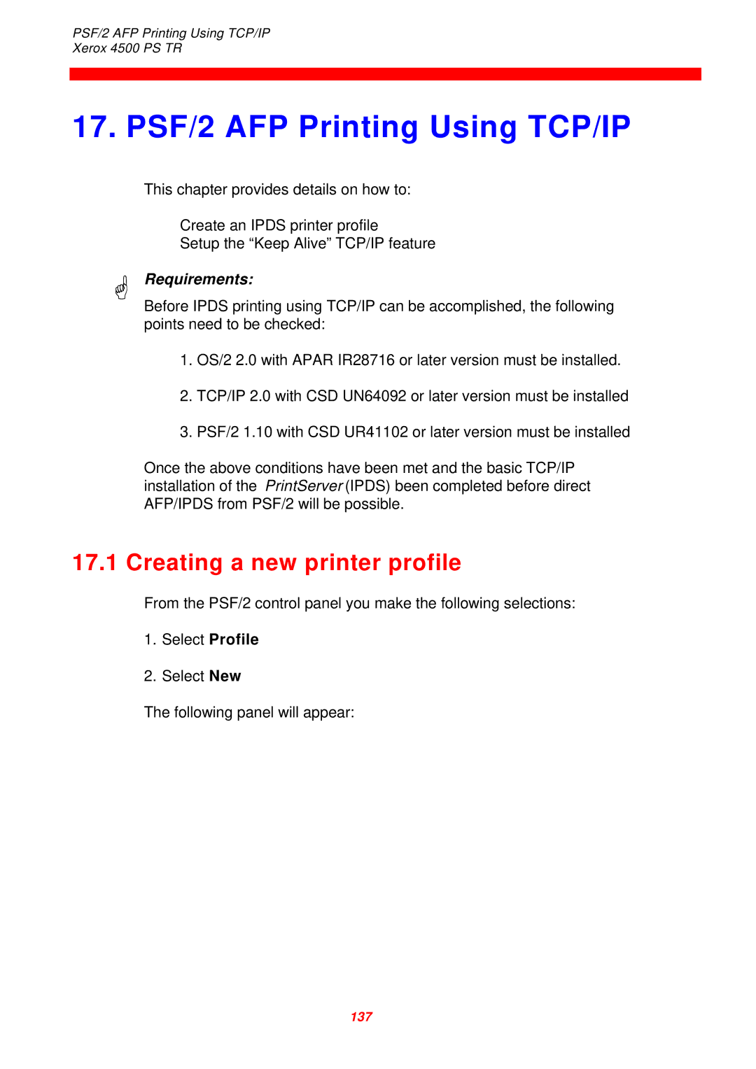 Xerox 4500 PS TR instruction manual PSF/2 AFP Printing Using TCP/IP, Creating a new printer profile 