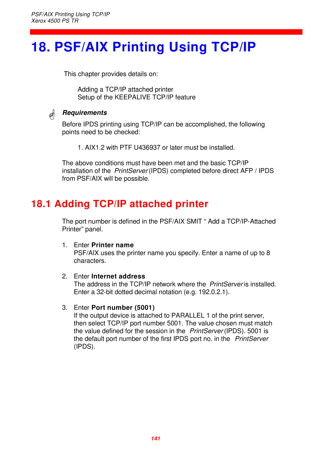 Xerox 4500 PS TR PSF/AIX Printing Using TCP/IP, Adding TCP/IP attached printer, Enter Printer name, Enter Internet address 