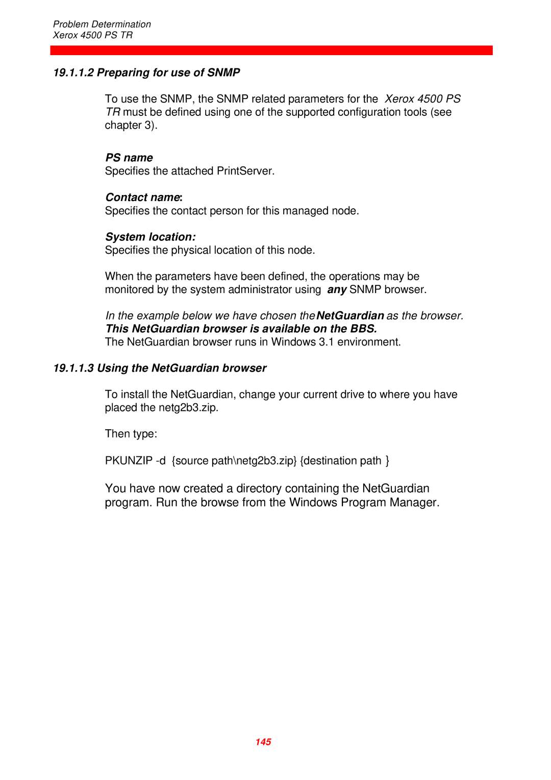 Xerox 4500 PS TR Preparing for use of Snmp, PS name, Contact name, System location, Using the NetGuardian browser 