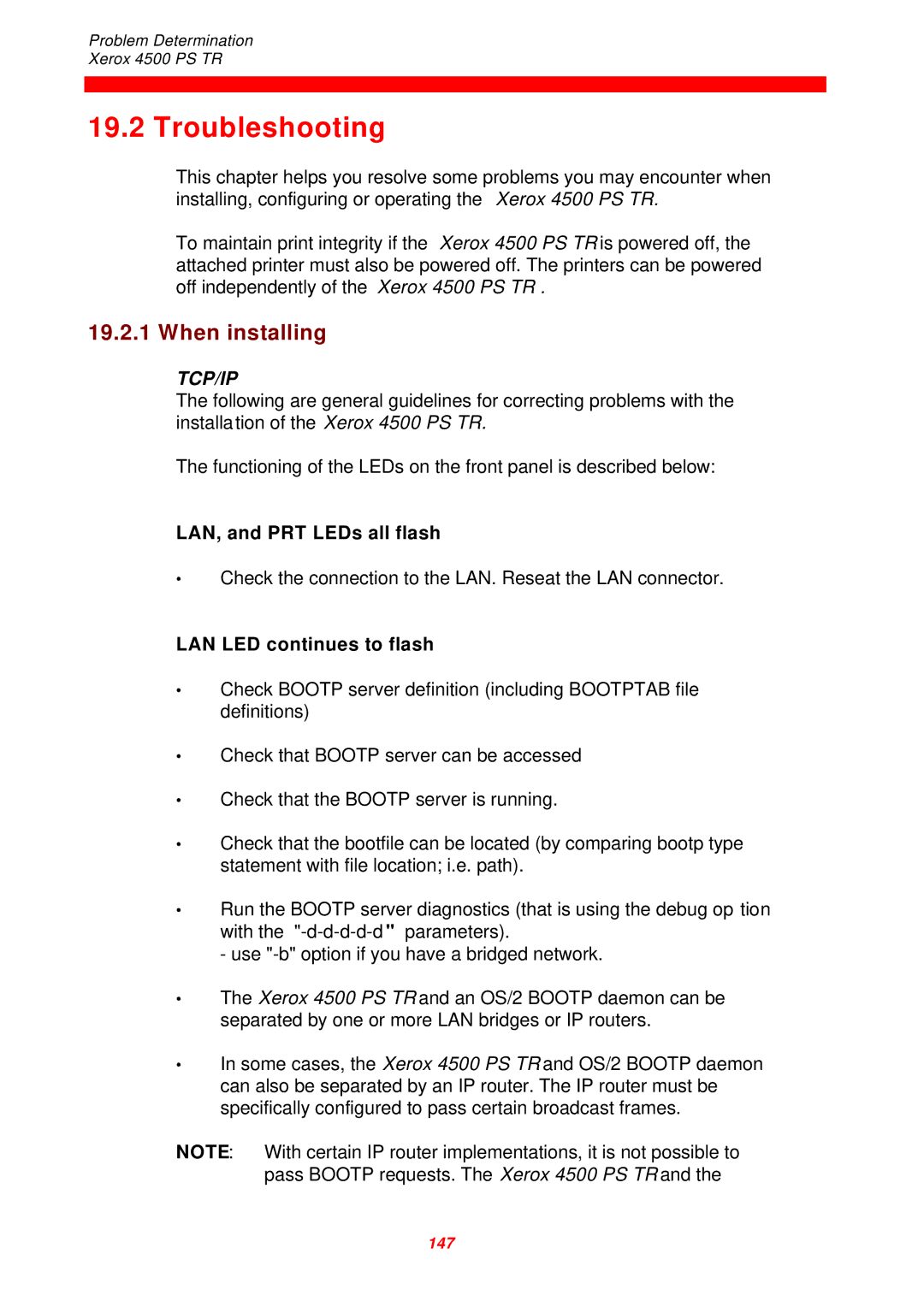 Xerox 4500 PS TR Troubleshooting, When installing, LAN, and PRT LEDs all flash, LAN LED continues to flash 