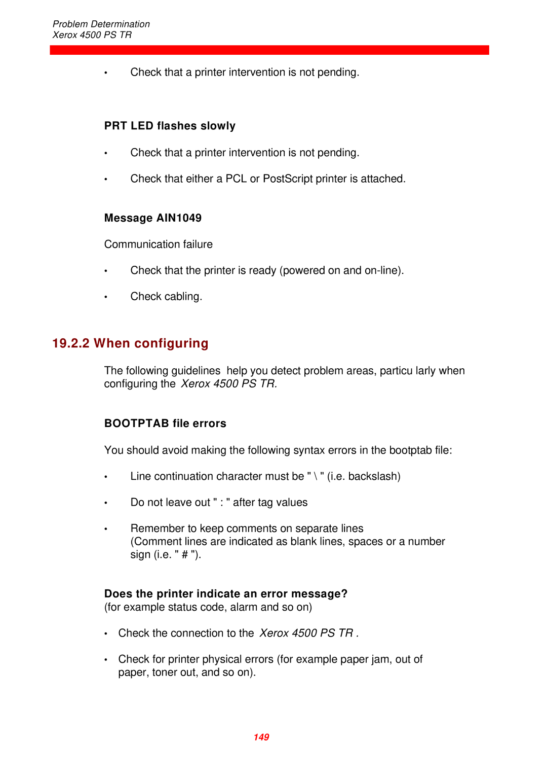 Xerox 4500 PS TR instruction manual When configuring, PRT LED flashes slowly, Message AIN1049, Bootptab file errors 