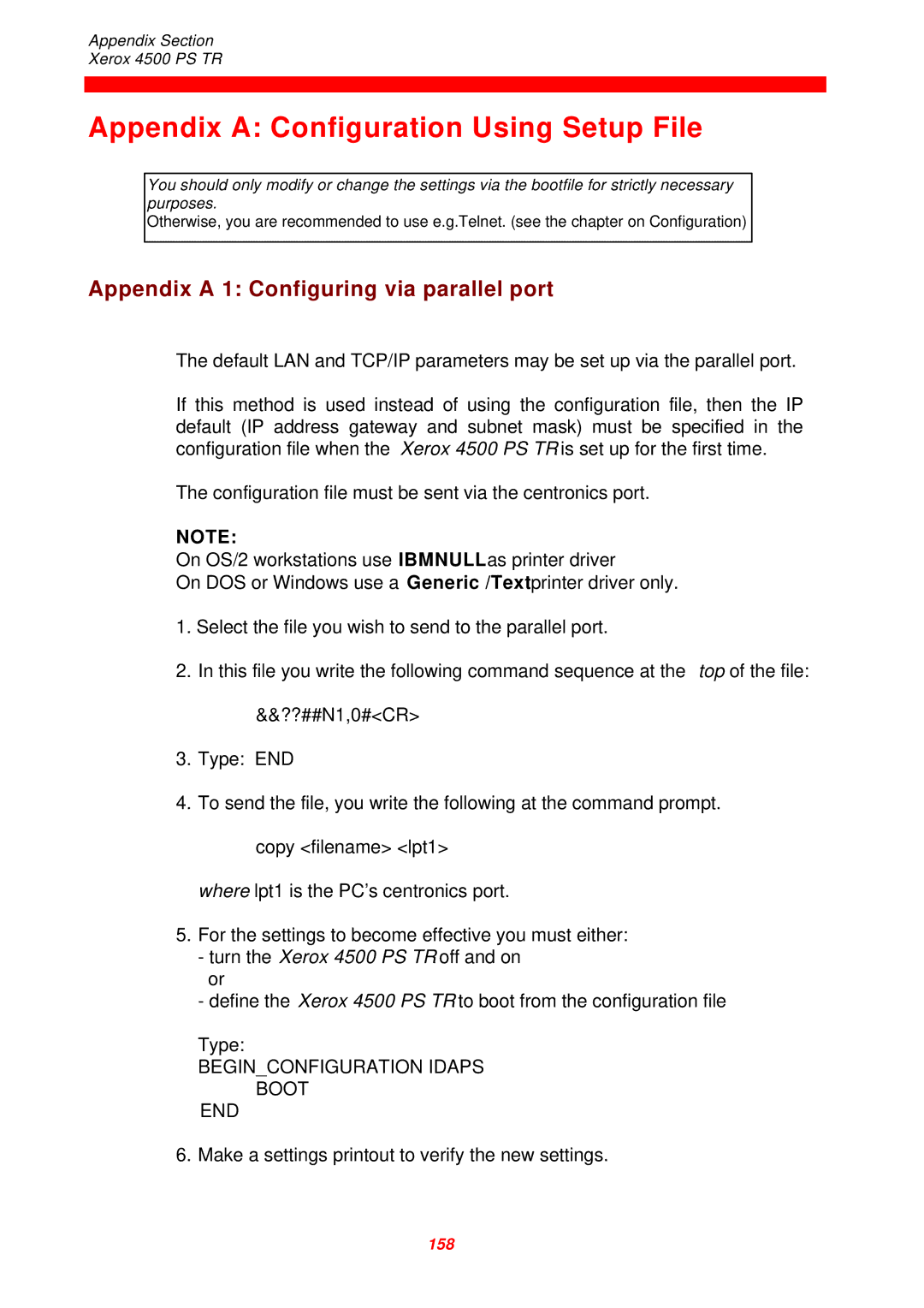 Xerox 4500 PS TR instruction manual Appendix a Configuration Using Setup File, Appendix a 1 Configuring via parallel port 