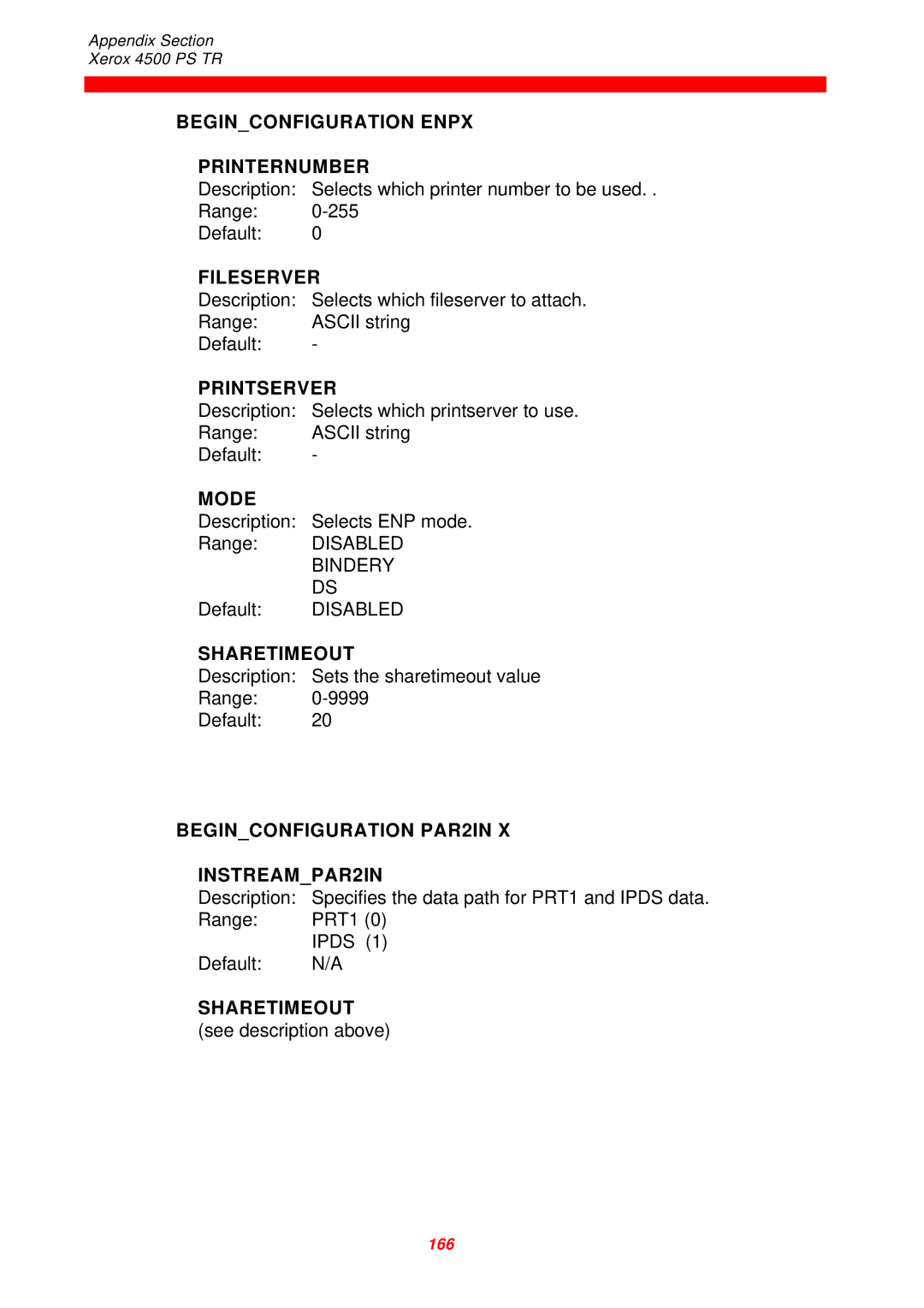 Xerox 4500 PS TR instruction manual Beginconfiguration Enpx Printernumber, Fileserver, Printserver, Mode 