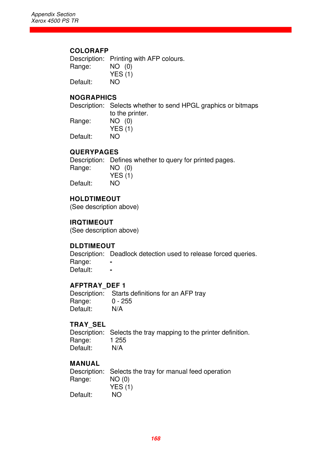 Xerox 4500 PS TR instruction manual Colorafp, Nographics, Querypages, Dldtimeout, Afptraydef, Traysel, Manual 