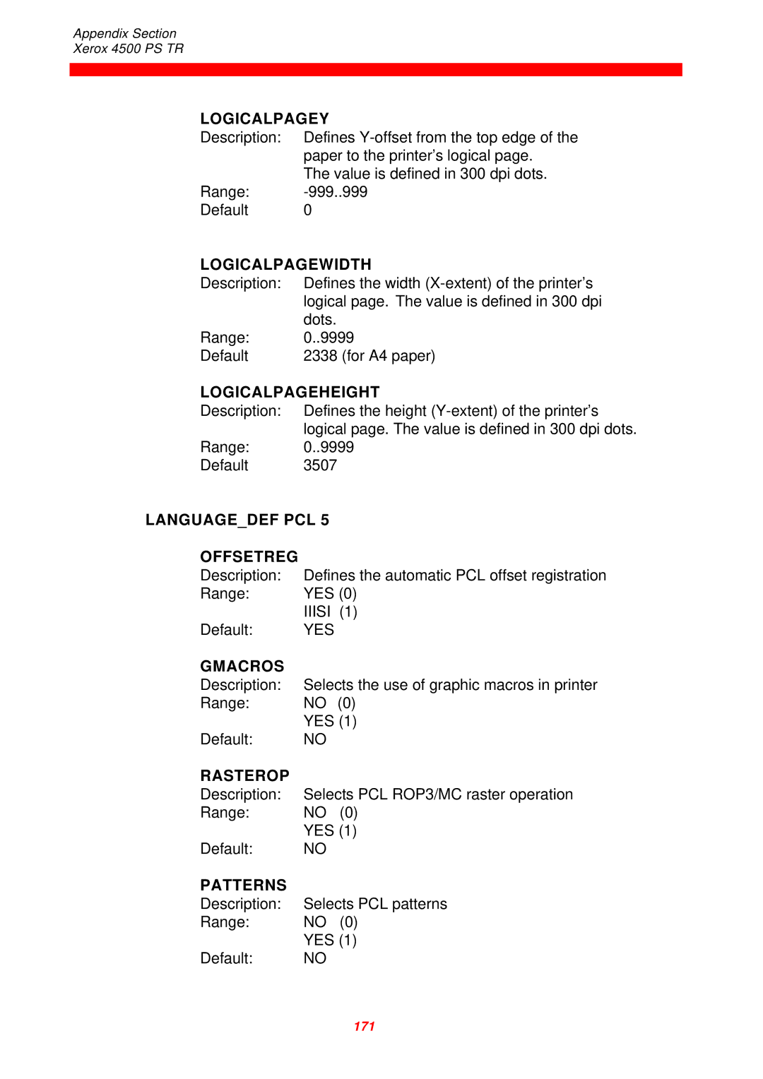 Xerox 4500 PS TR Logicalpagey, Logicalpagewidth, Logicalpageheight, Languagedef PCL Offsetreg, Gmacros, Rasterop, Patterns 