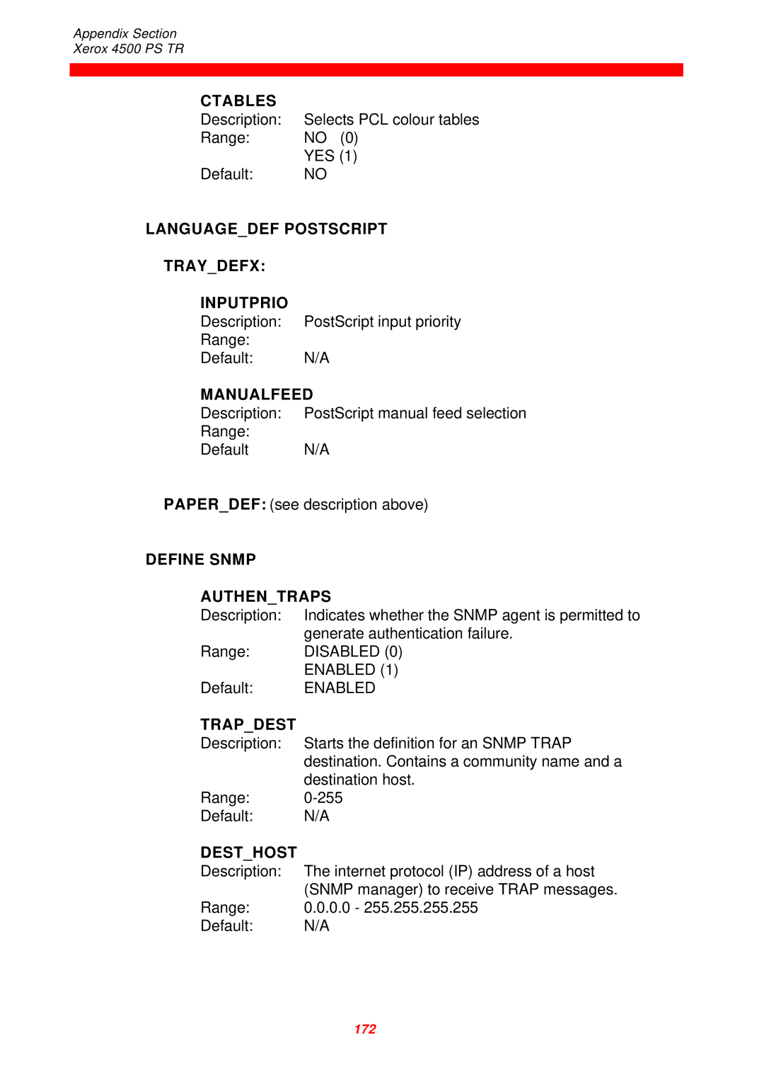 Xerox 4500 PS TR Ctables, Languagedef Postscript Traydefx Inputprio, Manualfeed, Define Snmp Authentraps, Trapdest 