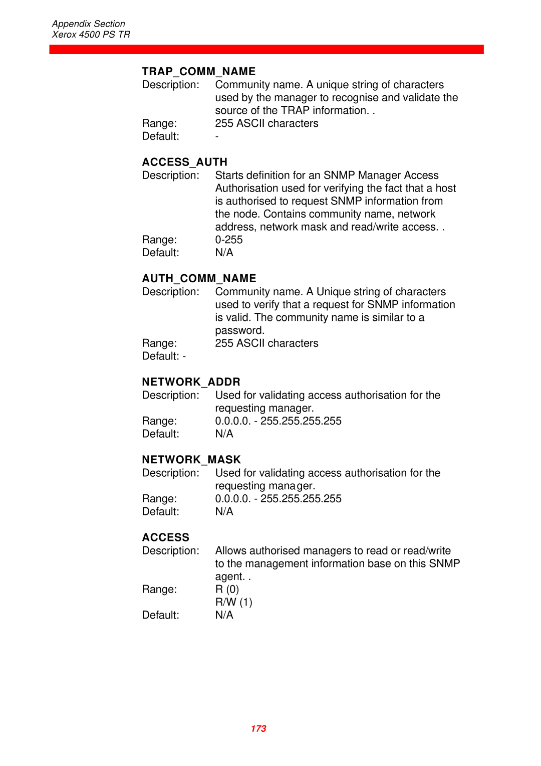 Xerox 4500 PS TR instruction manual Trapcommname, Accessauth, Authcommname, Networkaddr, Networkmask 