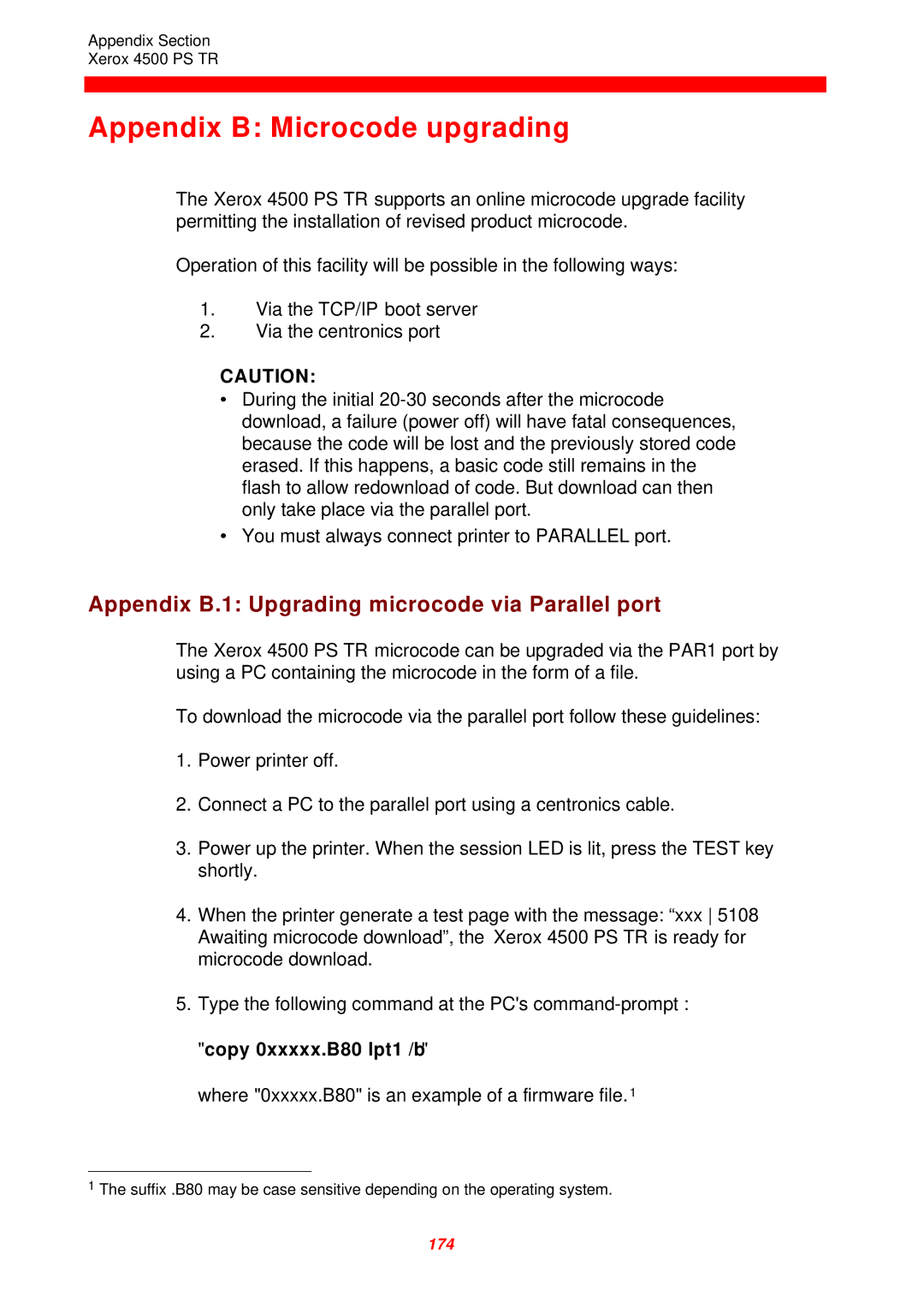 Xerox 4500 PS TR instruction manual Appendix B Microcode upgrading, Appendix B.1 Upgrading microcode via Parallel port 