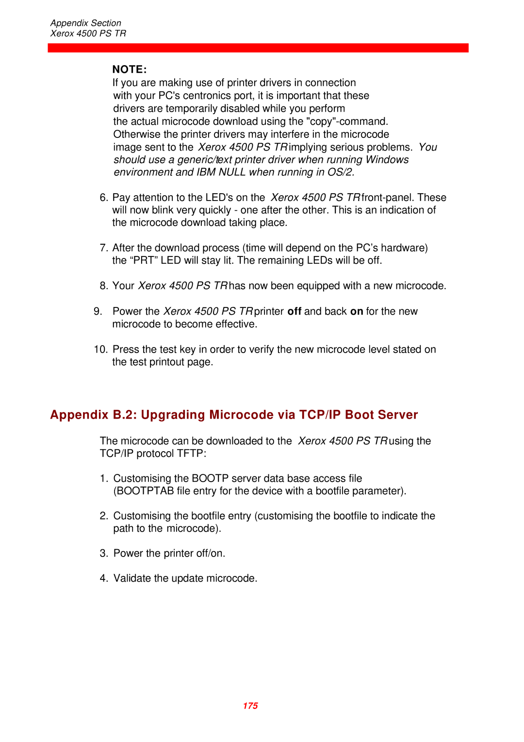 Xerox 4500 PS TR instruction manual Appendix B.2 Upgrading Microcode via TCP/IP Boot Server 