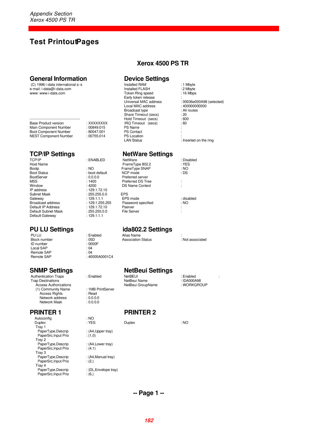 Xerox instruction manual Xerox 4500 PS TR General Information Device Settings, TCP/IP Settings NetWare Settings 