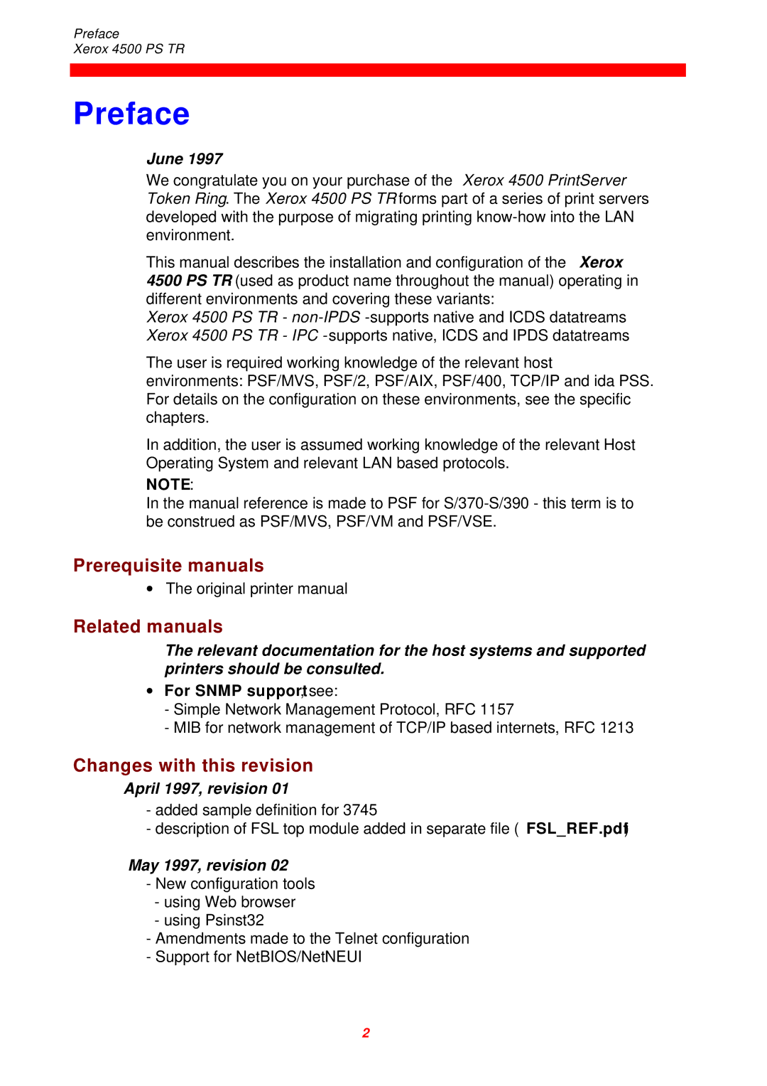 Xerox 4500 PS TR instruction manual Preface, Prerequisite manuals, Related manuals, Changes with this revision 